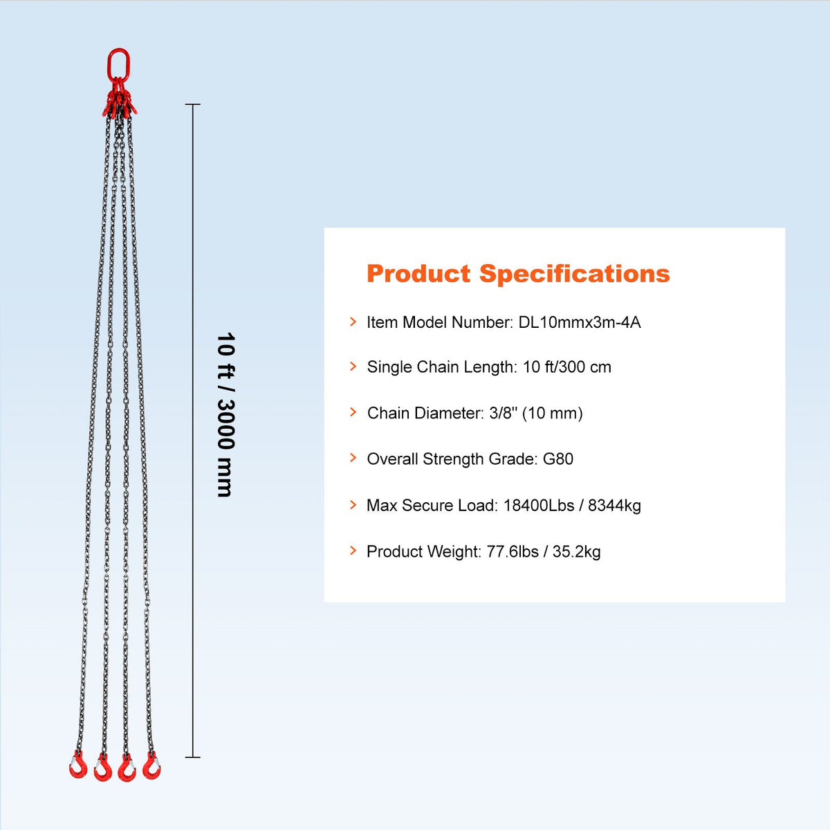 Chain Sling, 10 mm x 300 cm Lifting Chains with Hooks, G80 Engine Chain Hoist Lifts, 8 Ton/8344 kg Lifting Sling Chains for Engine Hoist, Engine Lift Chain with 4 Leg Grab Hooks & Adjusters