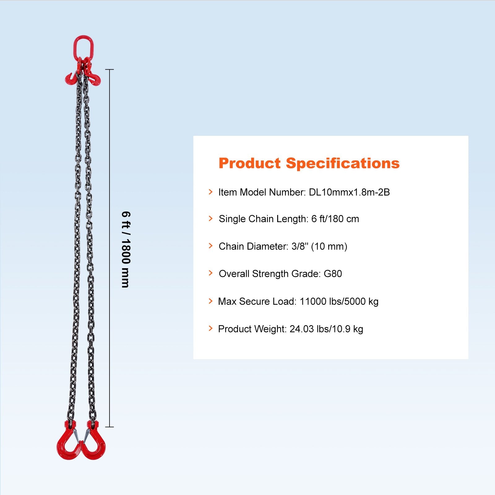 Tool Cabinets: VEVOR Chain Sling, 10 mm x 180 cm Lifting Chains with Hooks, G80 Engine Chain Hoist Lifts, 5 Ton Lifting Sling Chains for Engine Hoist, Engine Lift Chain with 2 Leg Grab Hooks and Adjusters Heavy Duty