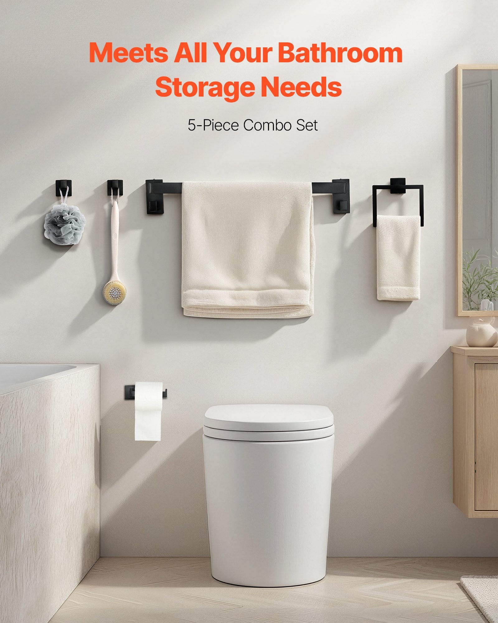Toilet & Bidet Accessories: VEVOR Matte Black Bathroom Hardware Set, 5 Pieces Stainless Steel Bathroom Accessories Set, 24-inch Towel Bar, Towel Rack, 2 Robe Towel Hooks, Toilet Paper Holder, for Bath Room, Wall Mounted