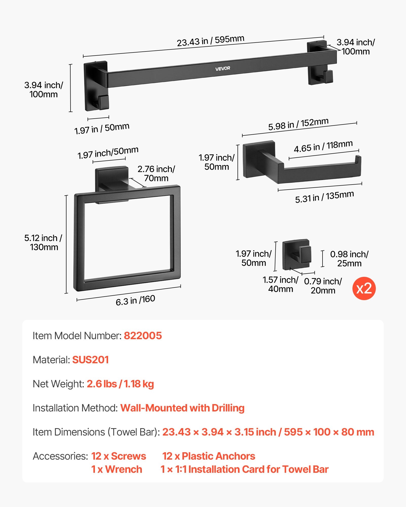 Toilet & Bidet Accessories: VEVOR Matte Black Bathroom Hardware Set, 5 Pieces Stainless Steel Bathroom Accessories Set, 24-inch Towel Bar, Towel Rack, 2 Robe Towel Hooks, Toilet Paper Holder, for Bath Room, Wall Mounted