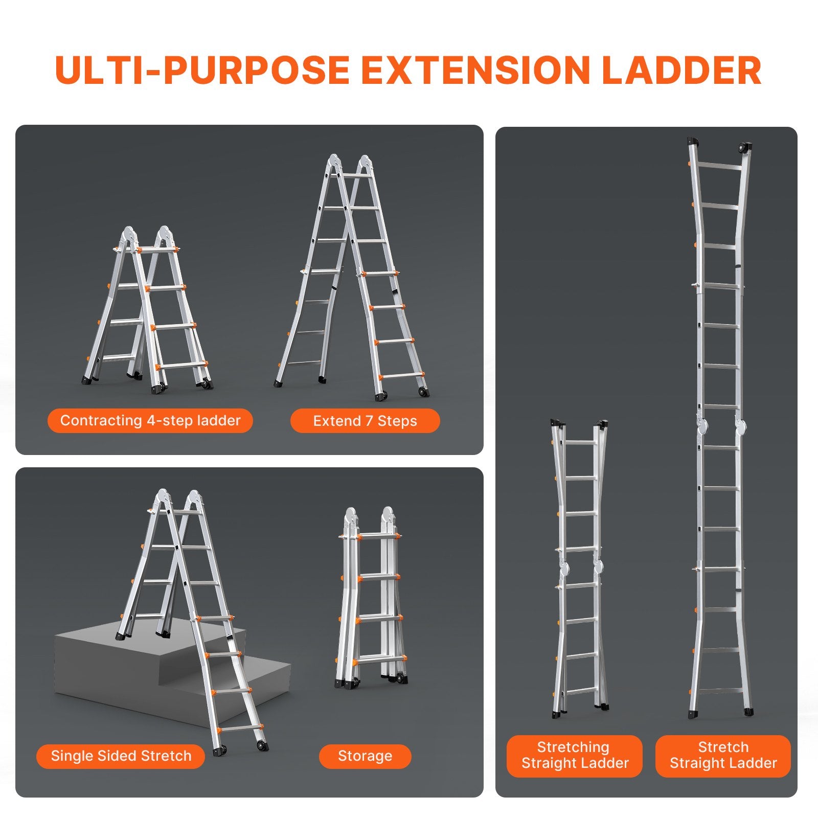 Ladders & Scaffolding: VEVOR Telescoping Ladder A Frame, 13 FT Compact Aluminum Extension Ladder, Multi-Function Portable Collapsible RV Ladder, Telescopic Ladder for Homework Stairs Indoor Outdoor Roof, 330lb Load