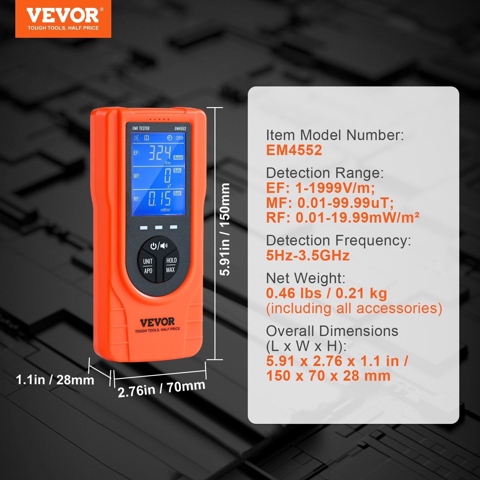 Measuring Tools & Sensors: VEVOR 3-in-1 EMF Meter, 5Hz - 3.5GHz, Handheld Rechargeable Electromagnetic Field Radiation Detector, Digital LCD EMF Tester for EF MF RF Home Inspections Outdoor Ghost Hunting Paranormal Equipment