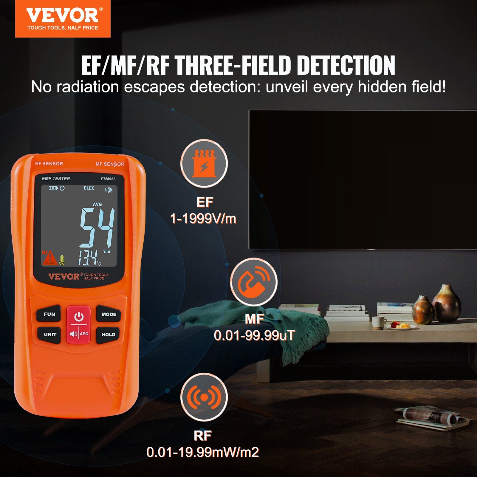 Measuring Tools & Sensors: VEVOR 3-in-1 EMF Meter, 5Hz-6GHz, Handheld Rechargeable Electromagnetic Field Radiation Detector, Digital LCD EMF Tester for EF MF RF Home Inspections Outdoor Ghost Hunting 5G Cell Tower Temperature