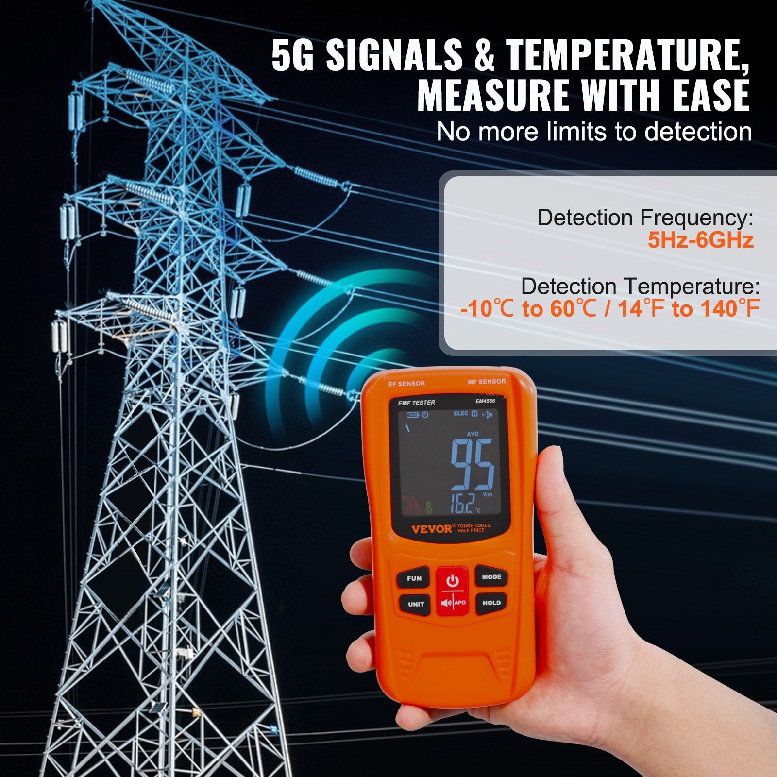 Measuring Tools & Sensors: VEVOR 3-in-1 EMF Meter, 5Hz-6GHz, Handheld Rechargeable Electromagnetic Field Radiation Detector, Digital LCD EMF Tester for EF MF RF Home Inspections Outdoor Ghost Hunting 5G Cell Tower Temperature