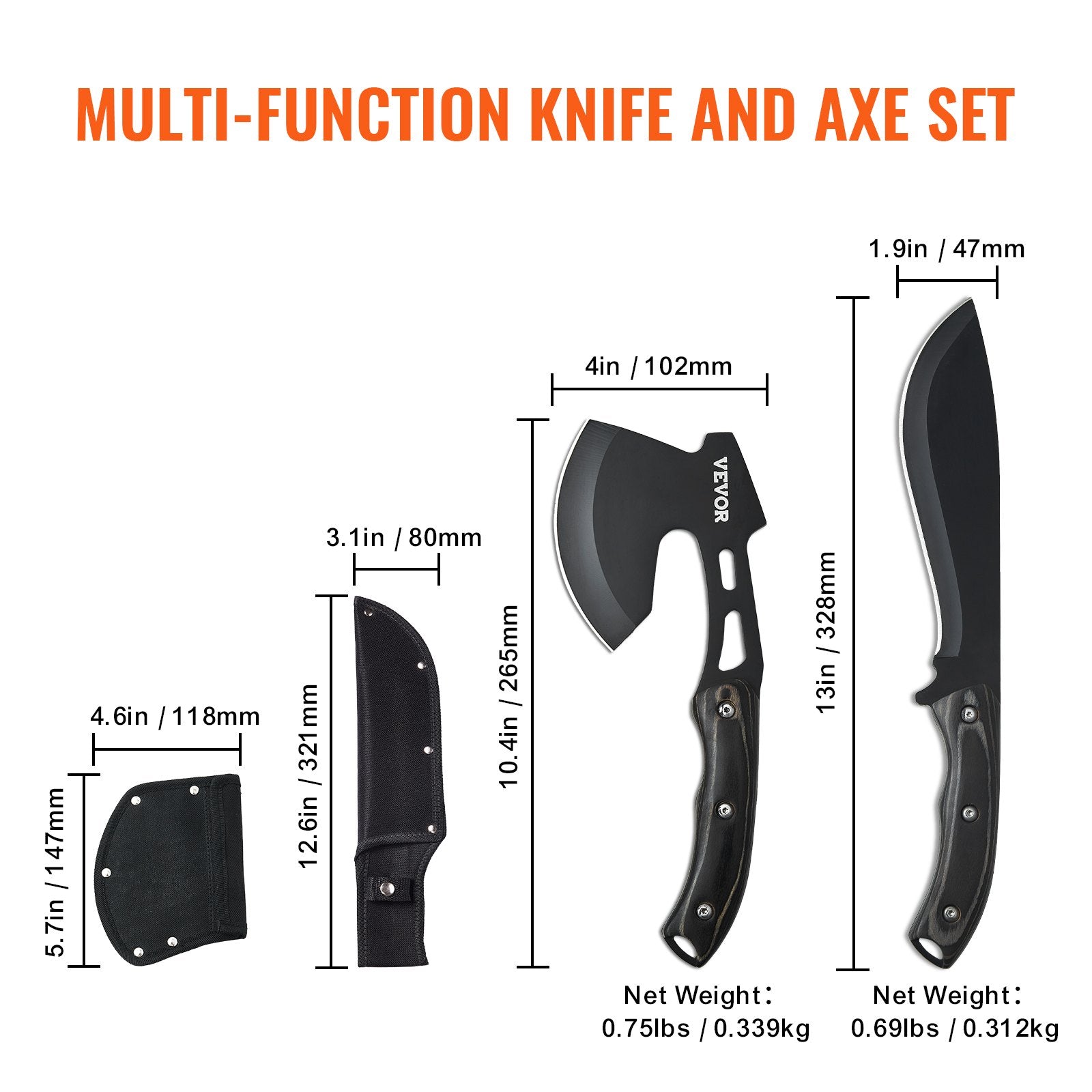 Camp Safety Equipment: VEVOR Hunting Knife and Hatchet Axe Combo Set Sheath Fixed Blade Knife Camping