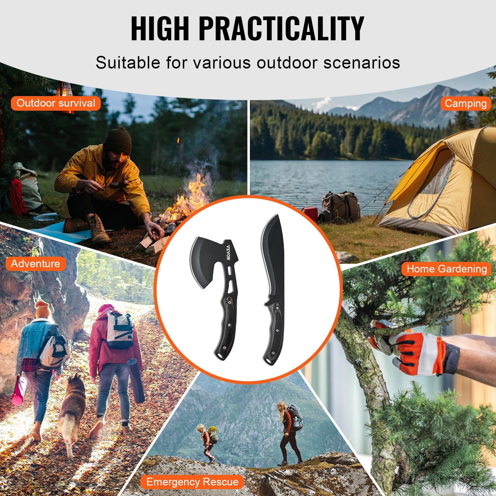 Camp Safety Equipment: VEVOR Hunting Knife and Hatchet Axe Combo Set Sheath Fixed Blade Knife Camping