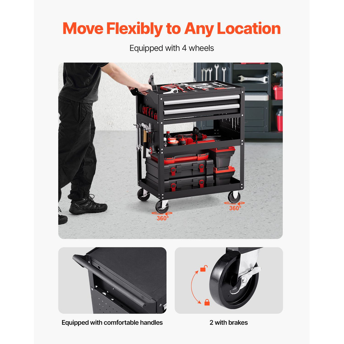 5-Tier Tool Cart with Wheels, 400 lbs Load Capacity, Rolling Work Cart with 2 Drawers & Pegboard, Mechanic Tool Storage Organizer with Locking System for Garage, Warehouse and Repair Shop, Black