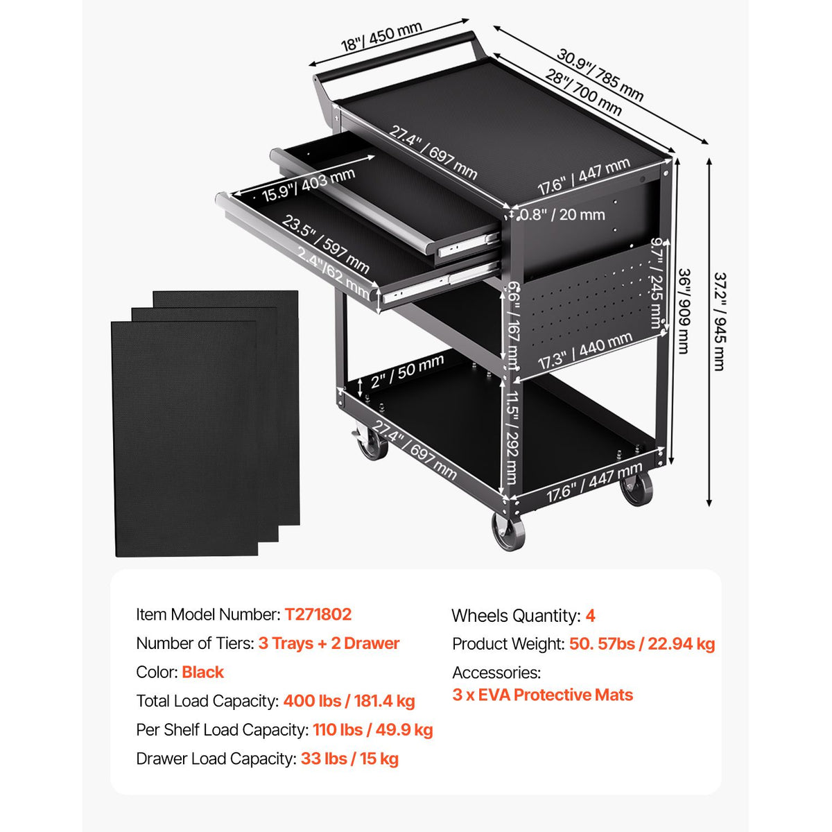 5-Tier Tool Cart with Wheels, 400 lbs Load Capacity, Rolling Work Cart with 2 Drawers & Pegboard, Mechanic Tool Storage Organizer with Locking System for Garage, Warehouse and Repair Shop, Black