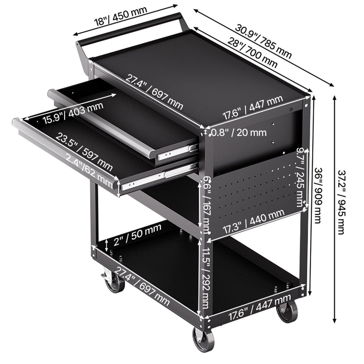 5-Tier Tool Cart with Wheels, 400 lbs Load Capacity, Rolling Work Cart with 2 Drawers & Pegboard, Mechanic Tool Storage Organizer with Locking System for Garage, Warehouse and Repair Shop, Black