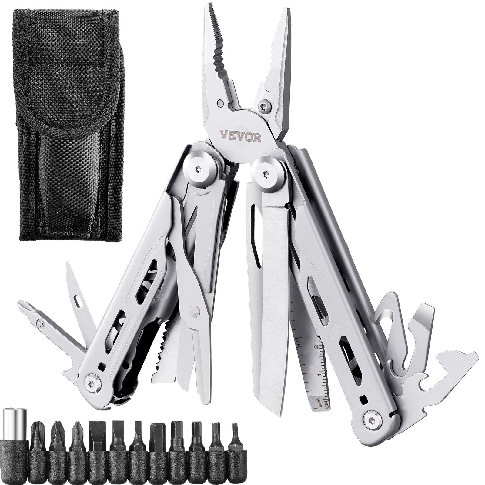 Gardening Tools: VEVOR 16-In-1 Multitool Pliers, Multi Tool Pliers, Cutters, Knife, Scissors, Ruler, Screwdrivers, Wood Saw, Can Bottle Opener, with Safety Locking and Sheath, for Survival, Camping, Hunting and Hiking