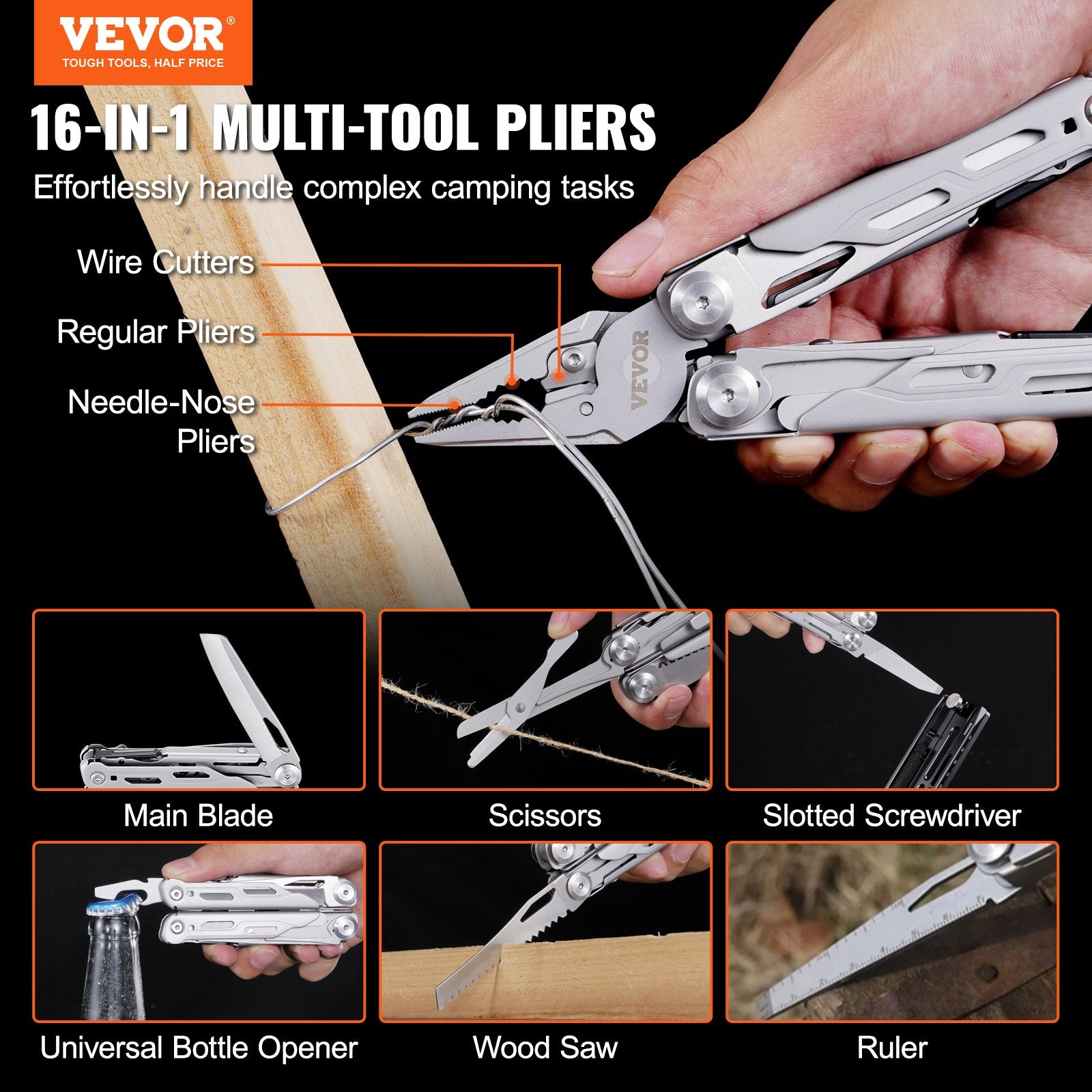 Gardening Tools: VEVOR 16-In-1 Multitool Pliers, Multi Tool Pliers, Cutters, Knife, Scissors, Ruler, Screwdrivers, Wood Saw, Can Bottle Opener, with Safety Locking and Sheath, for Survival, Camping, Hunting and Hiking