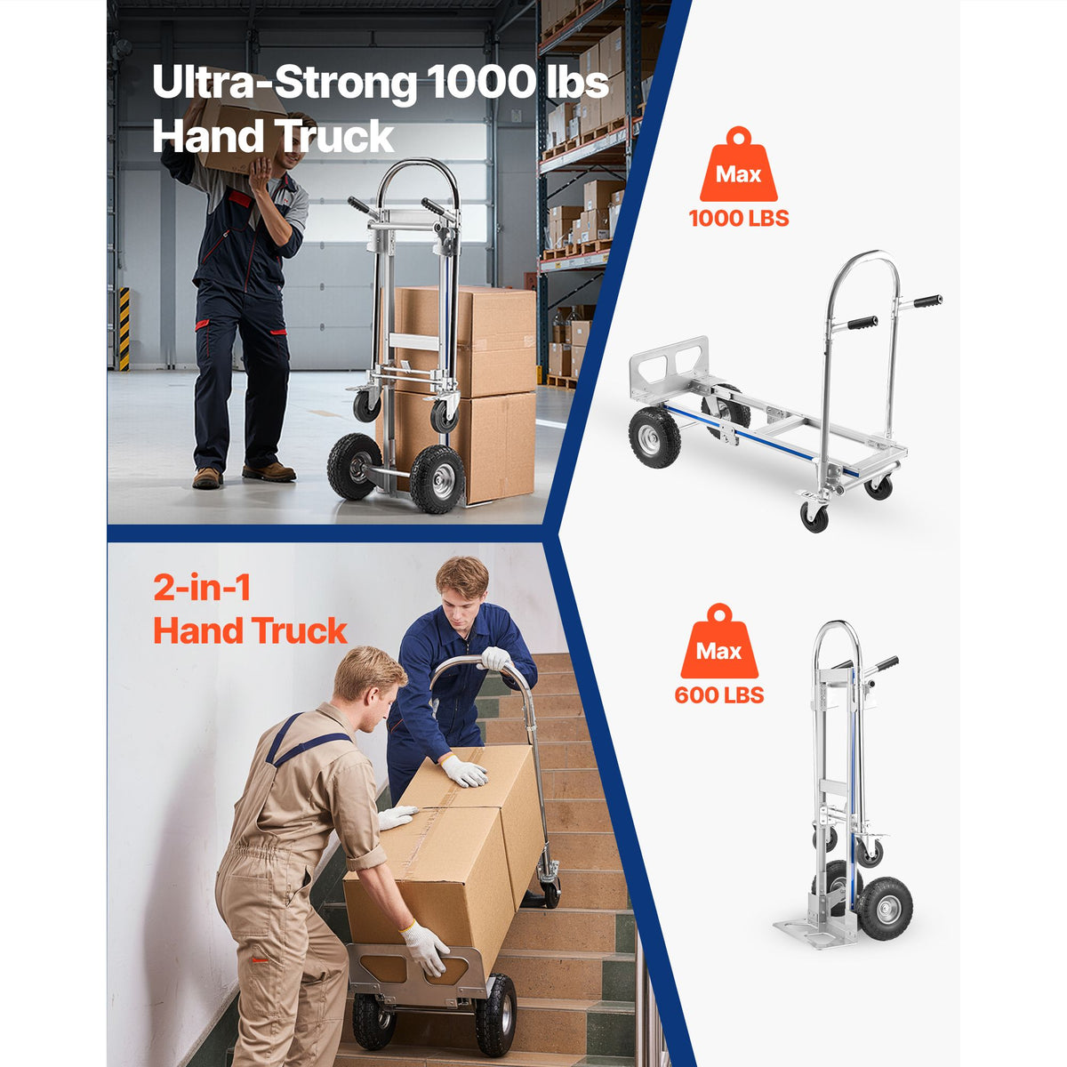 2 in 1 Hand Truck, 453.6 kg Load Capacity for 4-Wheel Mode, Convertible Hand Truck Dolly with Non-Slip Handle & Wheels, Portable Trolley Dolly for Moving Home, Office, Warehouse, Supermarket