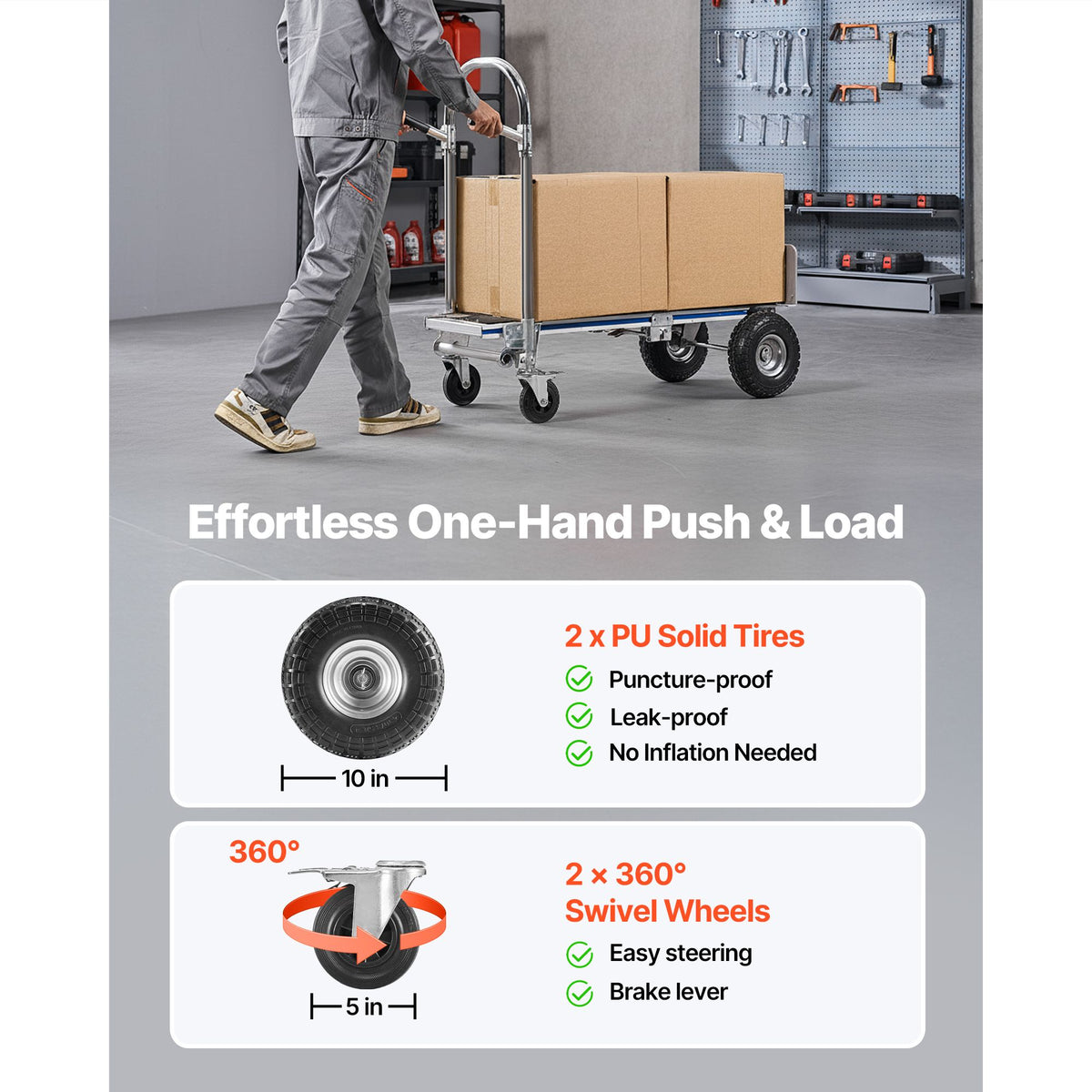 2 in 1 Hand Truck, 453.6 kg Load Capacity for 4-Wheel Mode, Convertible Hand Truck Dolly with Non-Slip Handle & Wheels, Portable Trolley Dolly for Moving Home, Office, Warehouse, Supermarket