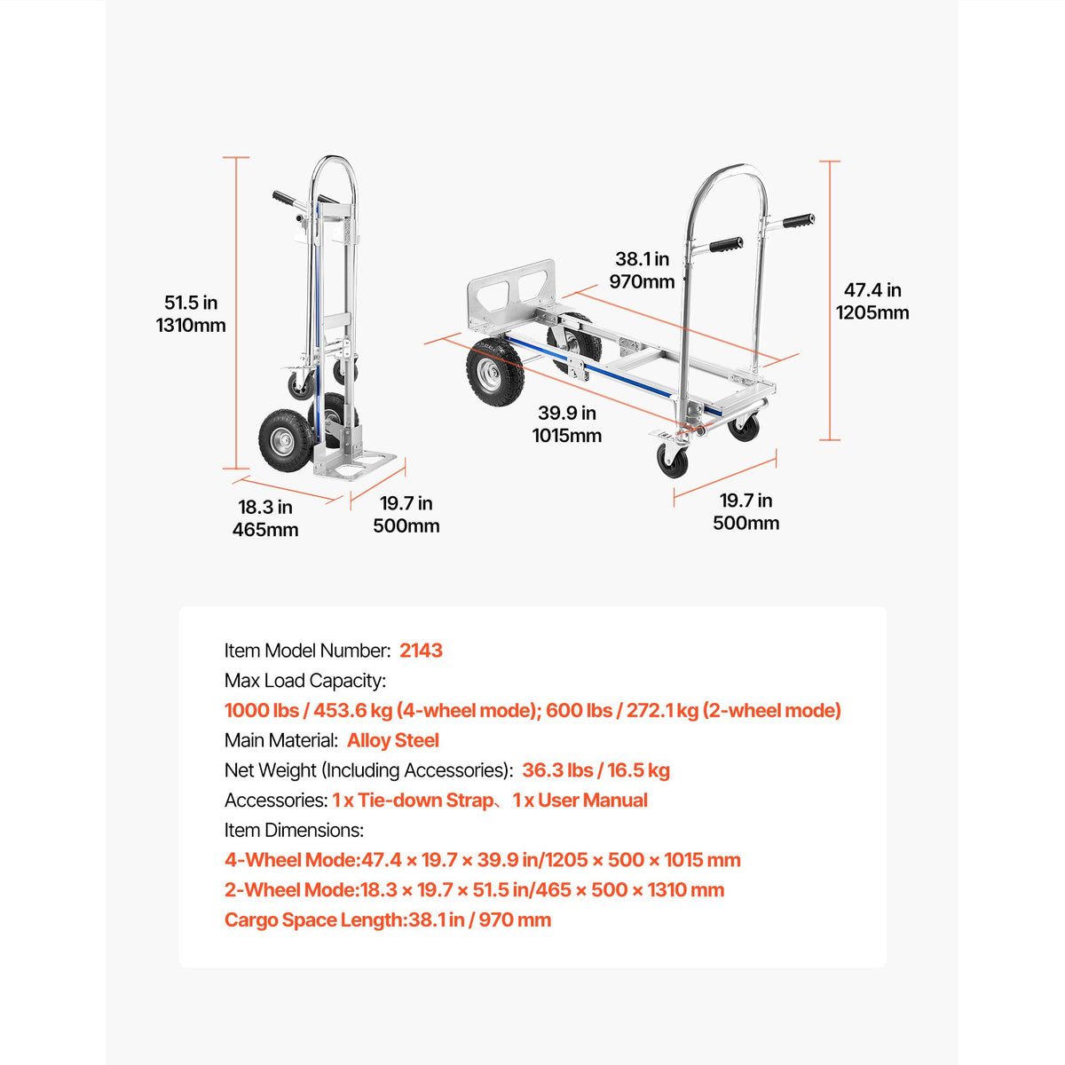 2 in 1 Hand Truck, 453.6 kg Load Capacity for 4-Wheel Mode, Convertible Hand Truck Dolly with Non-Slip Handle & Wheels, Portable Trolley Dolly for Moving Home, Office, Warehouse, Supermarket