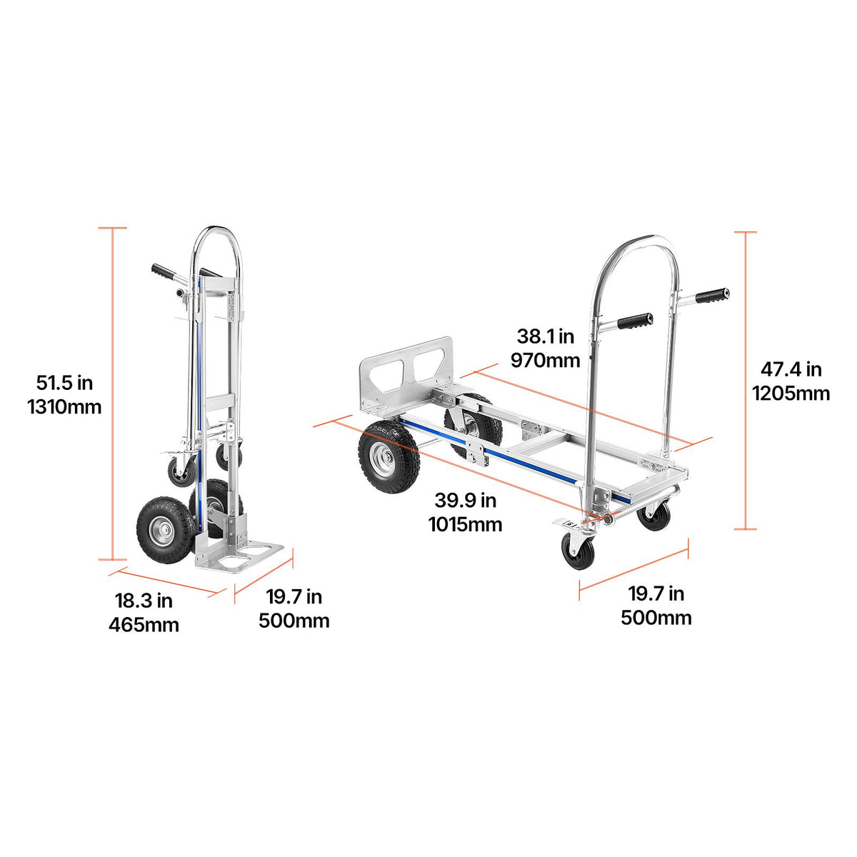 2 in 1 Hand Truck, 453.6 kg Load Capacity for 4-Wheel Mode, Convertible Hand Truck Dolly with Non-Slip Handle & Wheels, Portable Trolley Dolly for Moving Home, Office, Warehouse, Supermarket