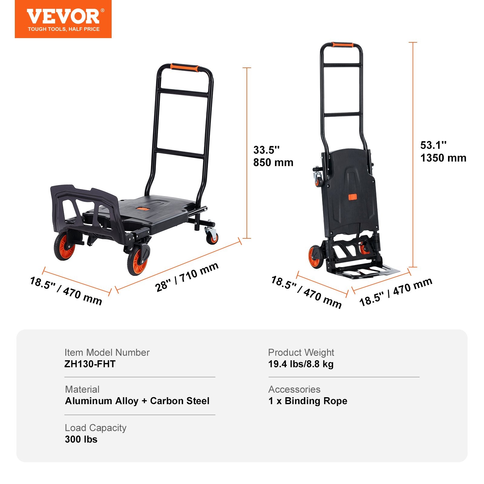 Automotive Parts: VEVOR Aluminum Hand Truck, 2 in 1, 136 kg Max Load Capacity, Heavy Duty Industrial Convertible Folding Hand Truck and Dolly, Utility Cart Converts from Hand Truck to Platform Cart with Rubber Wheels