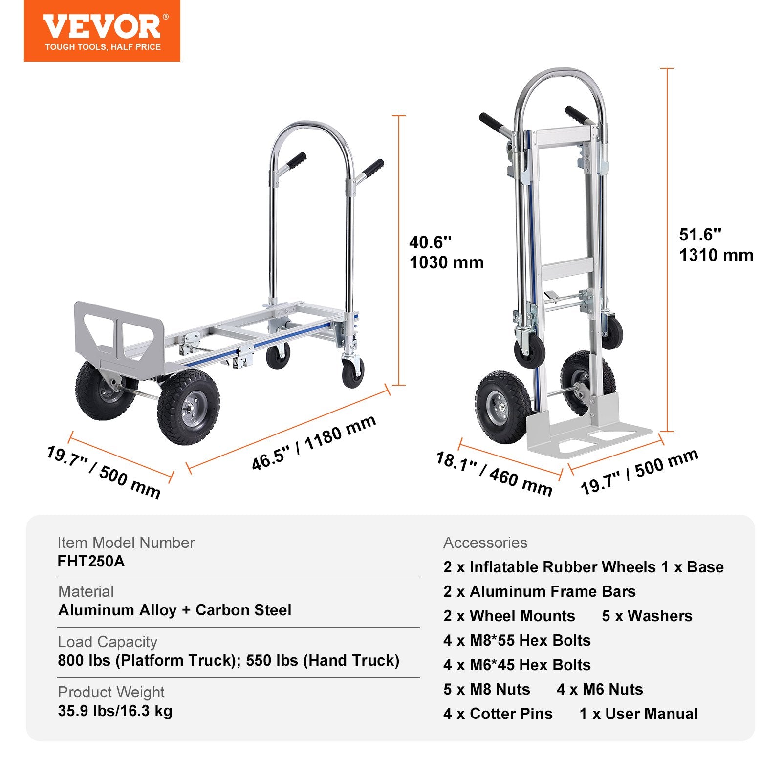 Automotive Parts: VEVOR Aluminum Hand Truck, 2 in 1, 363 kg Max Load Capacity, Heavy Duty Industrial Convertible Folding Hand Truck and Dolly, Utility Cart Converts from Hand Truck to Platform Cart with Rubber Wheels