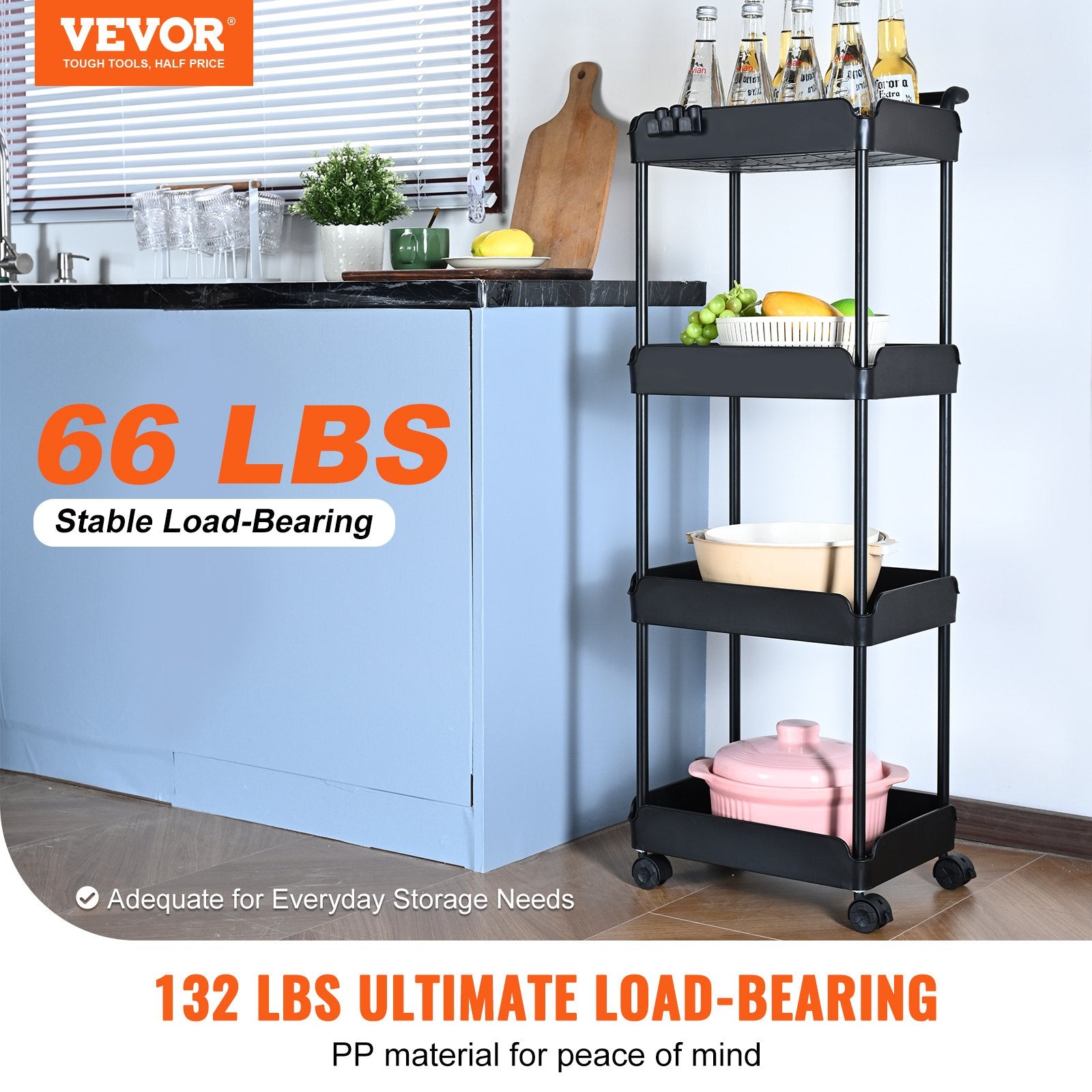 Kitchen & Dining Trolleys: VEVOR 4-Tier Kitchen Rolling Cart Basket Utility Cart on Wheel with Handle Black