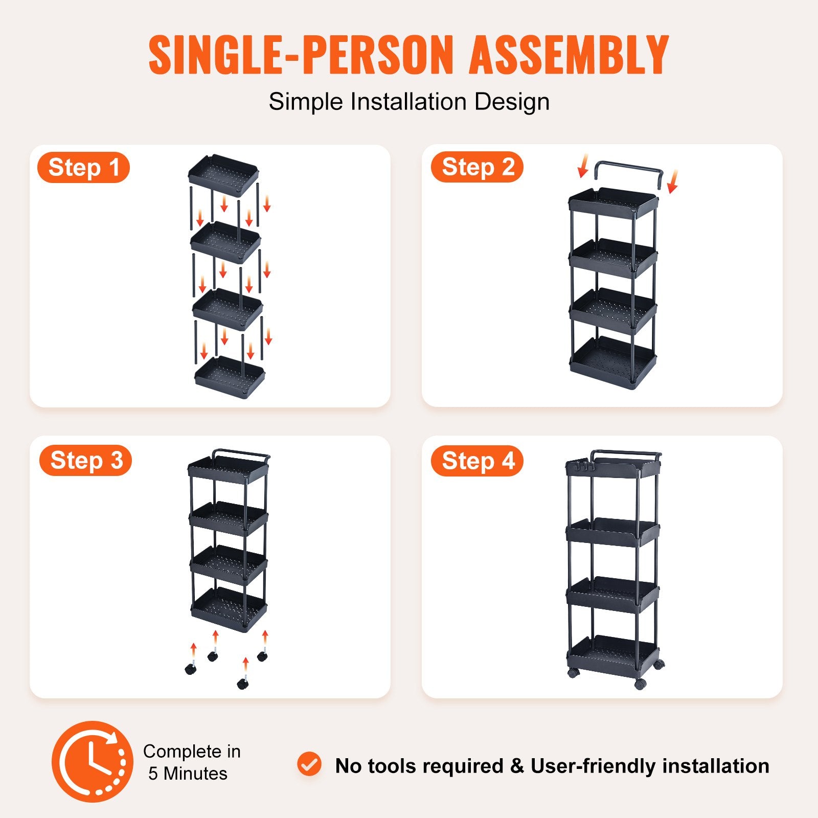 Kitchen & Dining Trolleys: VEVOR 4-Tier Kitchen Rolling Cart Basket Utility Cart on Wheel with Handle Black