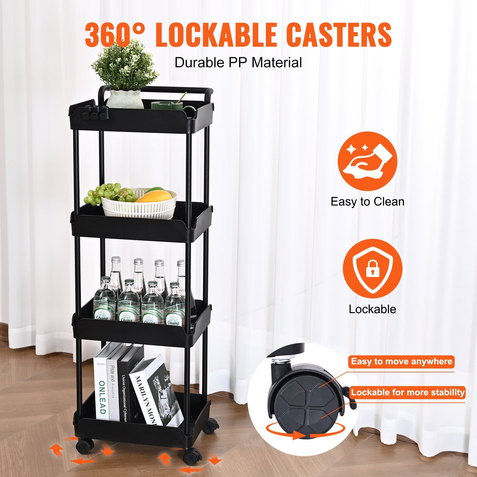 Kitchen & Dining Trolleys: VEVOR 4-Tier Kitchen Rolling Cart Basket Utility Cart on Wheel with Handle Black