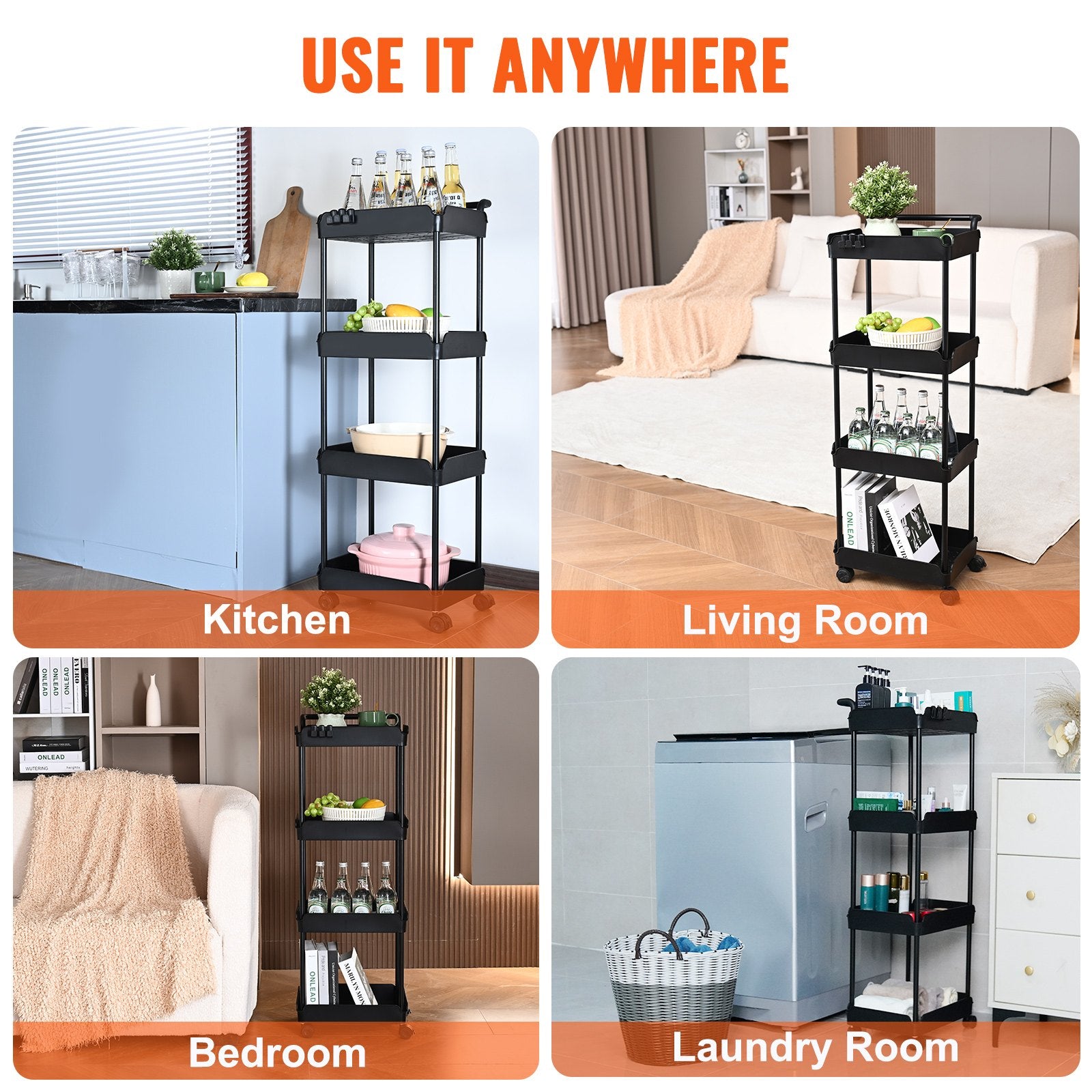 Kitchen & Dining Trolleys: VEVOR 4-Tier Kitchen Rolling Cart Basket Utility Cart on Wheel with Handle Black