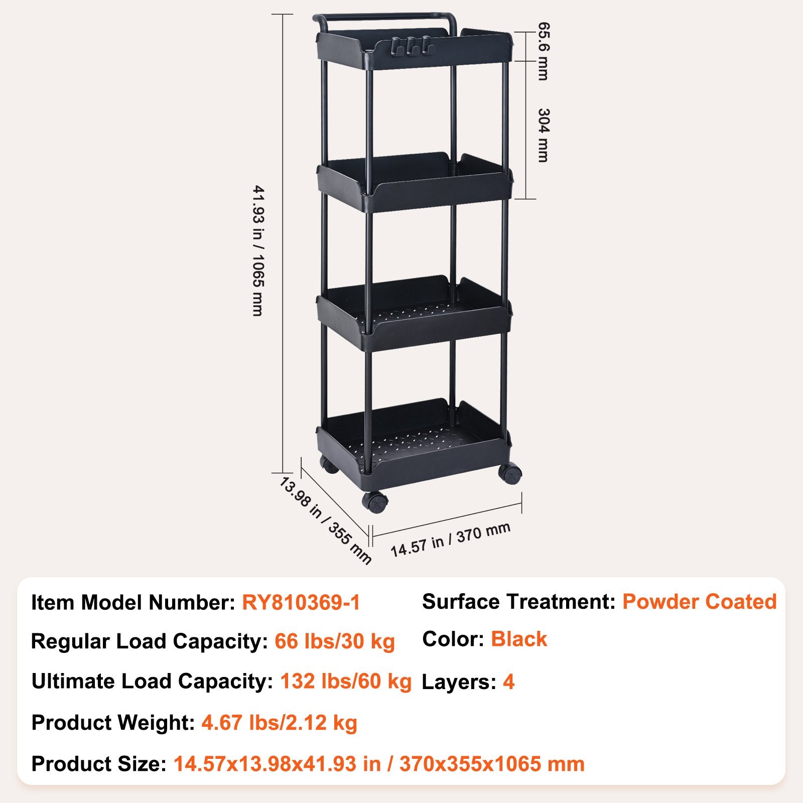 Kitchen & Dining Trolleys: VEVOR 4-Tier Kitchen Rolling Cart Basket Utility Cart on Wheel with Handle Black