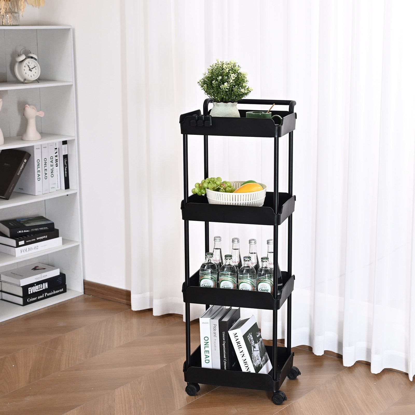 Kitchen & Dining Trolleys: VEVOR 4-Tier Kitchen Rolling Cart Basket Utility Cart on Wheel with Handle Black