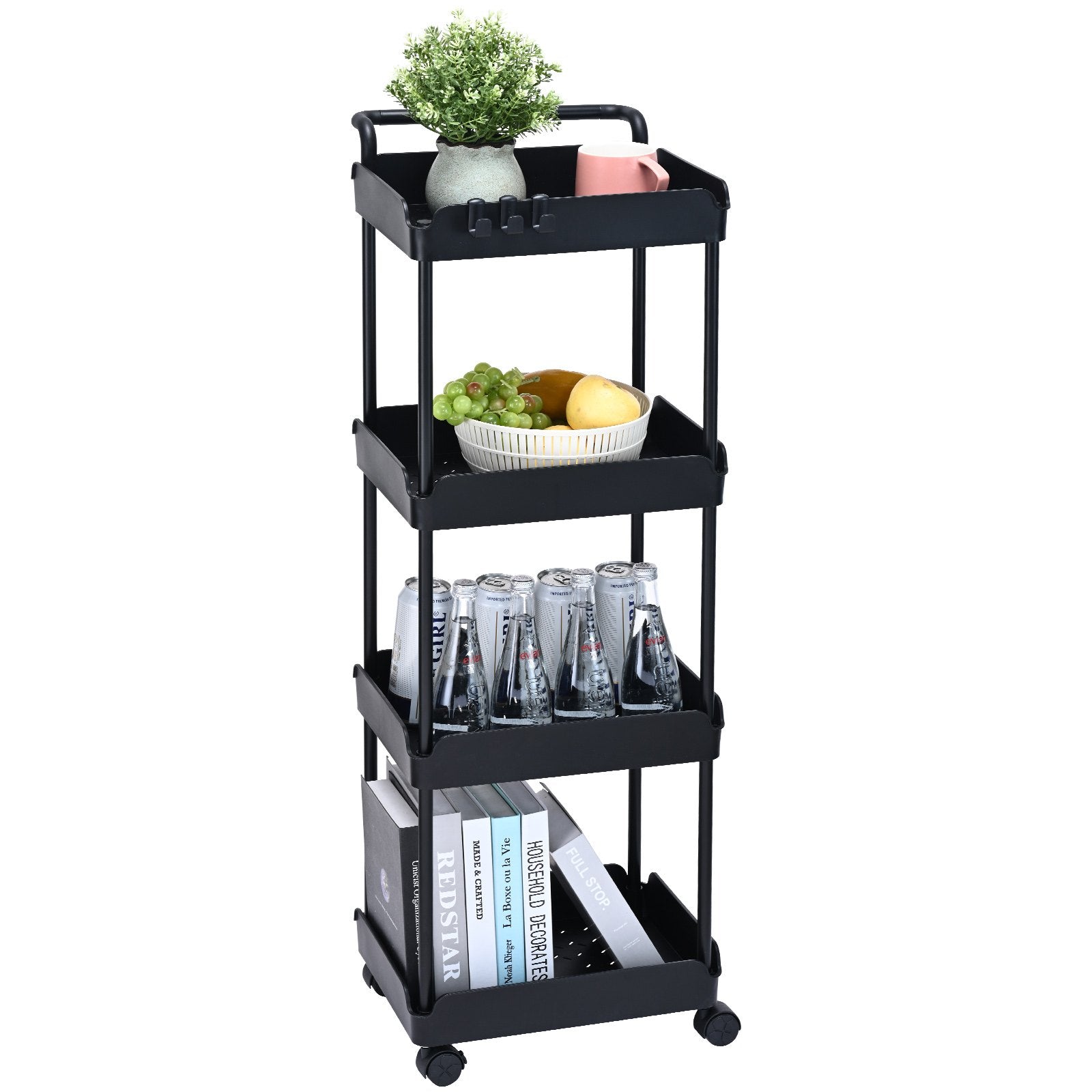 Kitchen & Dining Trolleys: VEVOR 4-Tier Kitchen Rolling Cart Basket Utility Cart on Wheel with Handle Black