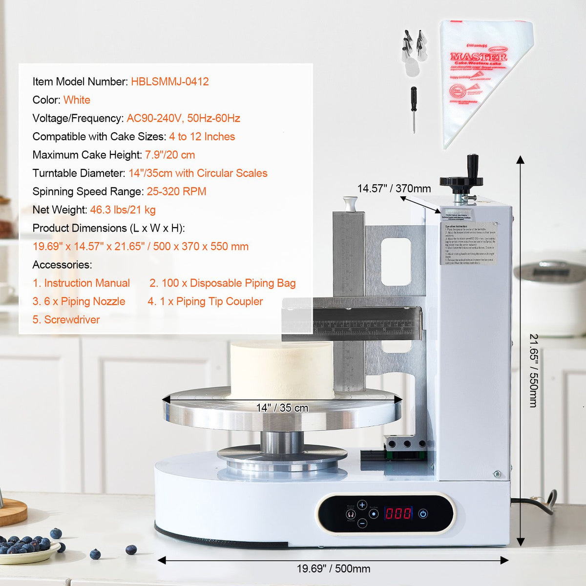 Cake Decorating Machine, Cake Cream Spreading Coating Smearing Machine, Low Noise Cake Frosting Machine, Turntable with Adjustable Scraper, for 4" to 12" Cake, 25-320RPM Rotating Speed, White
