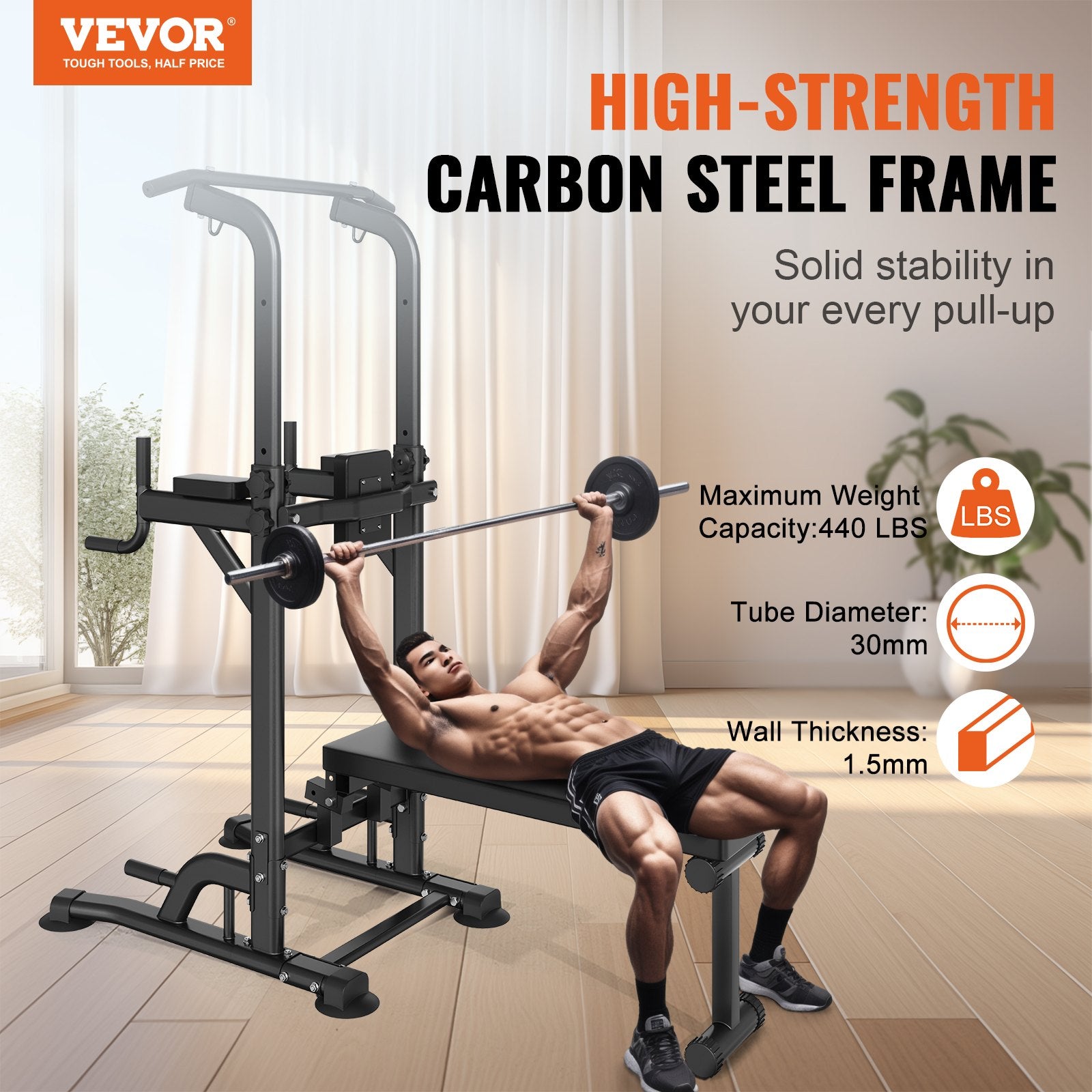 Weightlifting Machines & Racks: VEVOR Power Tower with Bench, 10-Level Height Adjustable Pull Up Bar Stand Dip Station & Detachable Bench, Multi-Function Home Gym Strength Training Fitness Equipment with Backrest, Elbow Pads, 440LBS
