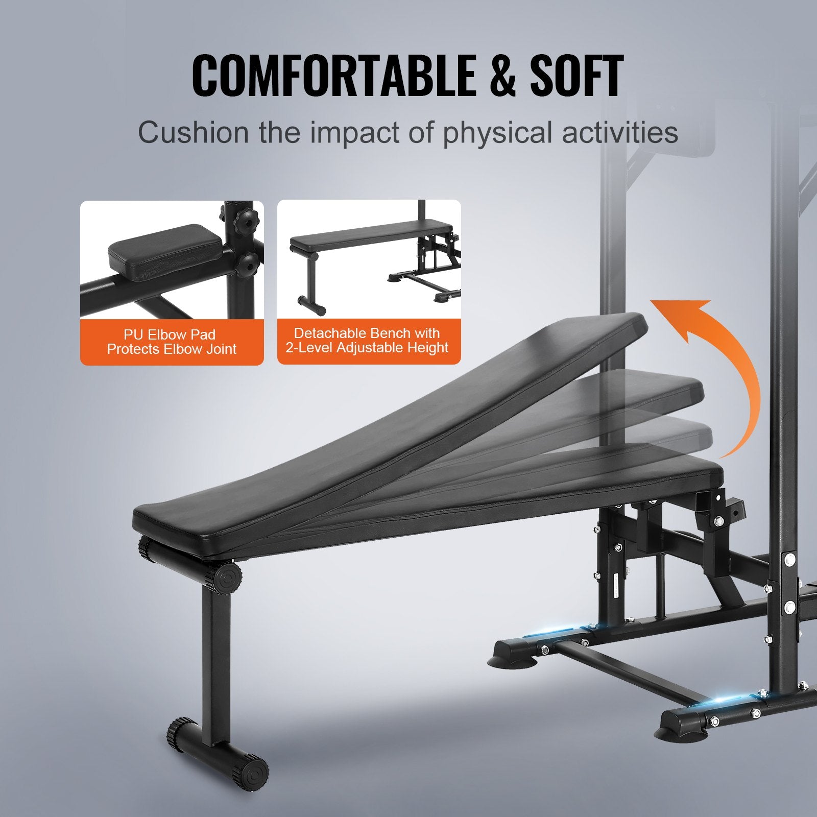 Weightlifting Machines & Racks: VEVOR Power Tower with Bench, 10-Level Height Adjustable Pull Up Bar Stand Dip Station & Detachable Bench, Multi-Function Home Gym Strength Training Fitness Equipment with Backrest, Elbow Pads, 440LBS