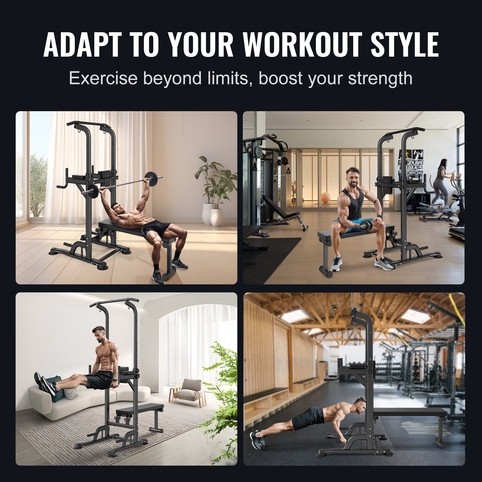 Weightlifting Machines & Racks: VEVOR Power Tower with Bench, 10-Level Height Adjustable Pull Up Bar Stand Dip Station & Detachable Bench, Multi-Function Home Gym Strength Training Fitness Equipment with Backrest, Elbow Pads, 440LBS