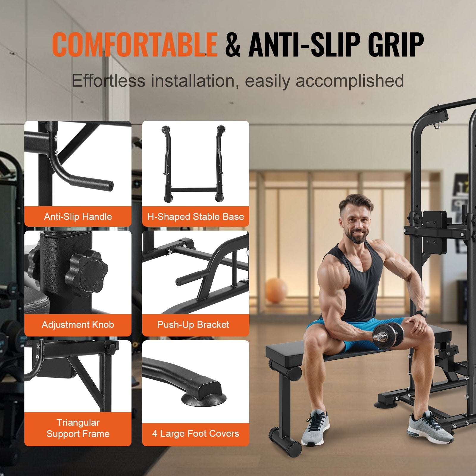 Weightlifting Machines & Racks: VEVOR Power Tower with Bench, 10-Level Height Adjustable Pull Up Bar Stand Dip Station & Detachable Bench, Multi-Function Home Gym Strength Training Fitness Equipment with Backrest, Elbow Pads, 440LBS