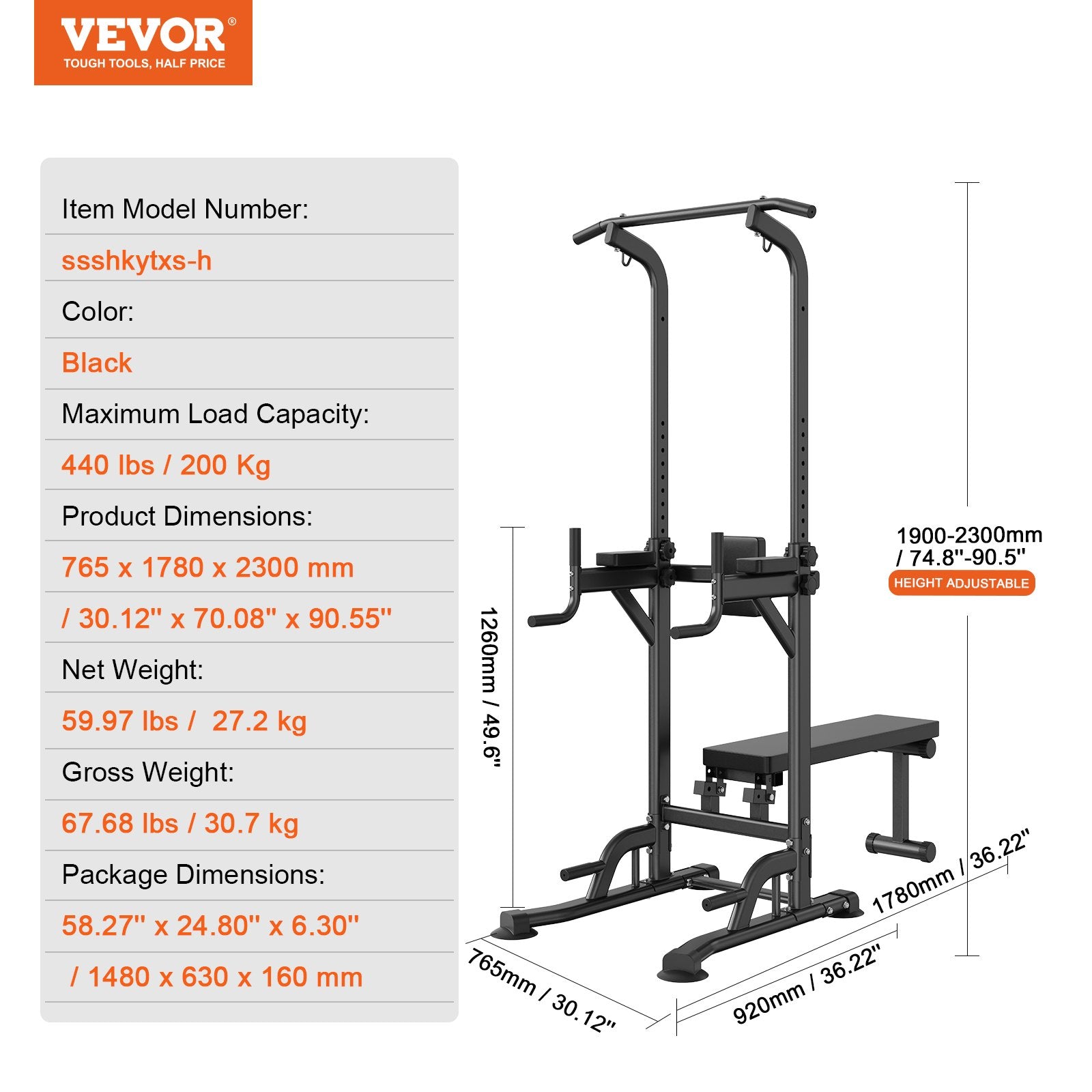 Weightlifting Machines & Racks: VEVOR Power Tower with Bench, 10-Level Height Adjustable Pull Up Bar Stand Dip Station & Detachable Bench, Multi-Function Home Gym Strength Training Fitness Equipment with Backrest, Elbow Pads, 440LBS