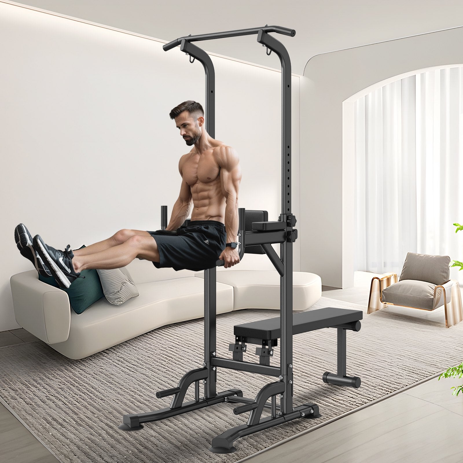 Weightlifting Machines & Racks: VEVOR Power Tower with Bench, 10-Level Height Adjustable Pull Up Bar Stand Dip Station & Detachable Bench, Multi-Function Home Gym Strength Training Fitness Equipment with Backrest, Elbow Pads, 440LBS