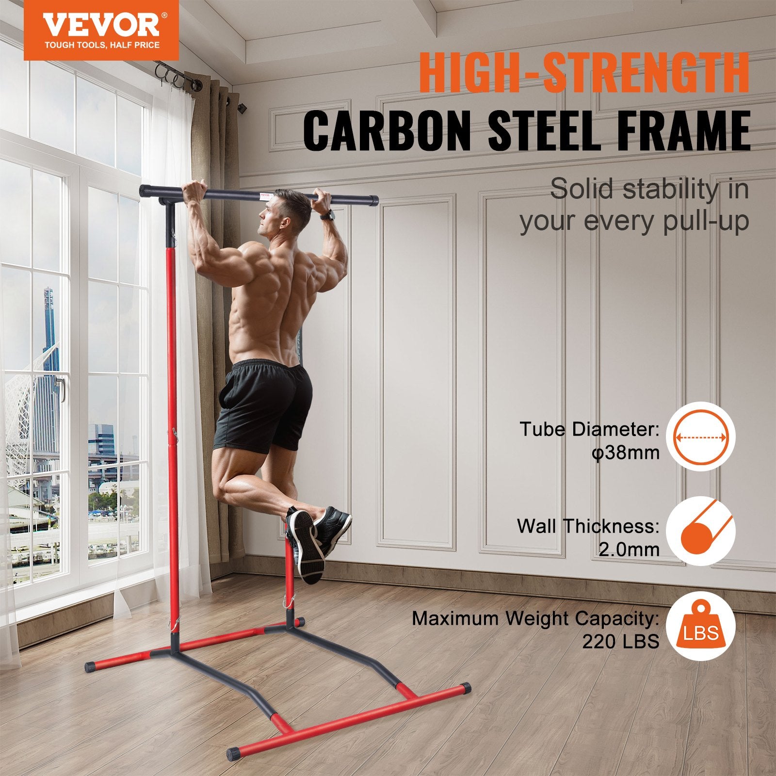 Weightlifting Machines & Racks: VEVOR Power Tower Dip Station, 2-Level Height Adjustable Pull Up Bar Stand, Multi-Function Strength Training Workout Equipment, Home Gym Fitness Dip Bar Station, 220LBS Weight Capacity, Black & Red