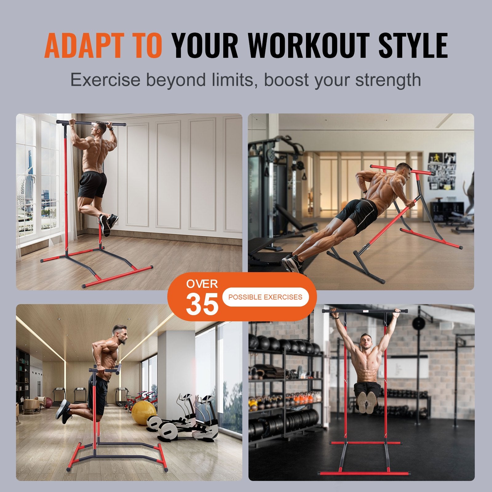 Weightlifting Machines & Racks: VEVOR Power Tower Dip Station, 2-Level Height Adjustable Pull Up Bar Stand, Multi-Function Strength Training Workout Equipment, Home Gym Fitness Dip Bar Station, 220LBS Weight Capacity, Black & Red