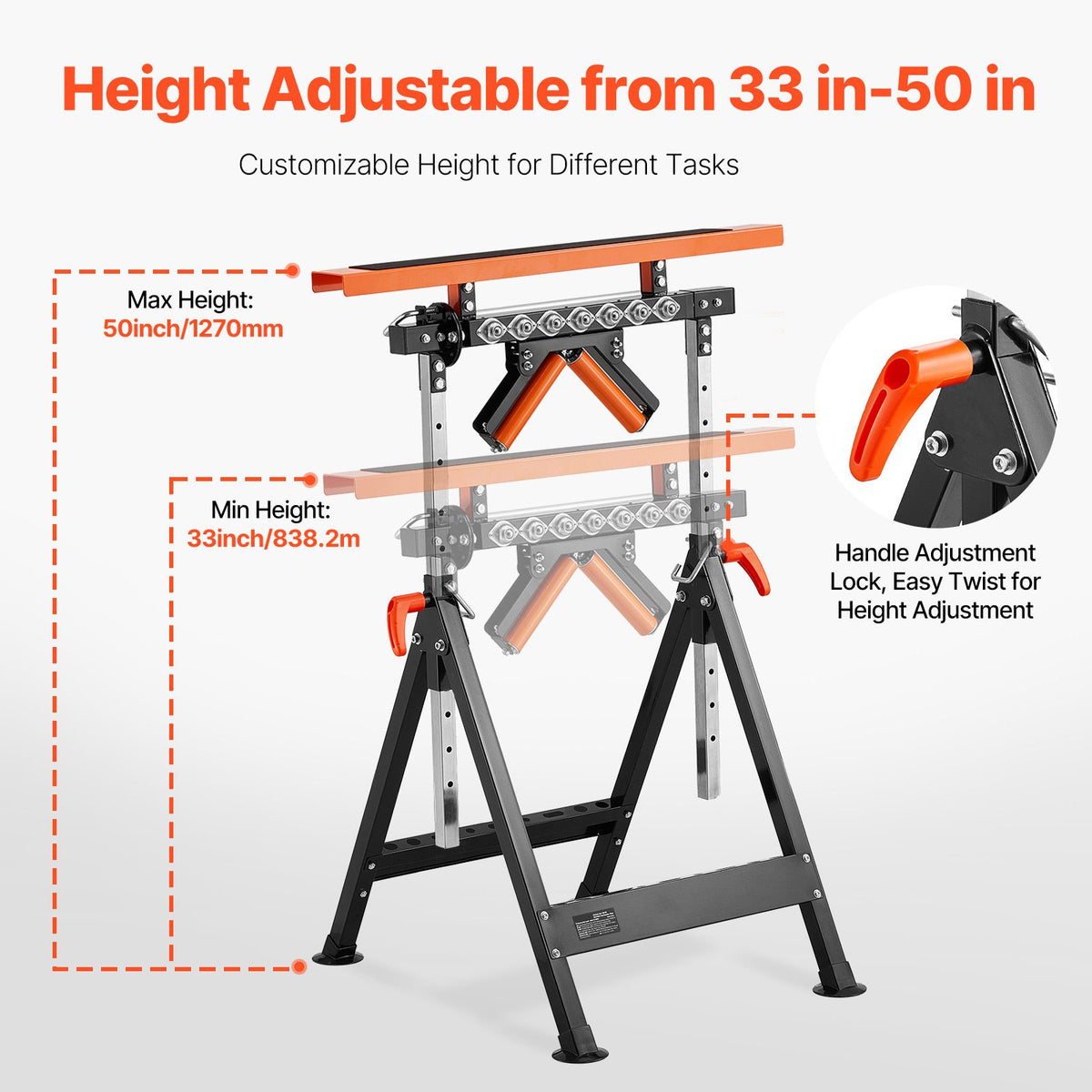 4-in-1 Roller Stand, 220 kg Load Capacity, 838.2-1270 mm Adjustable Height, Folding Heavy Duty with Rack & Multi-directional Roller Head, for Table Saw Outfeed Woodworking Extension Support