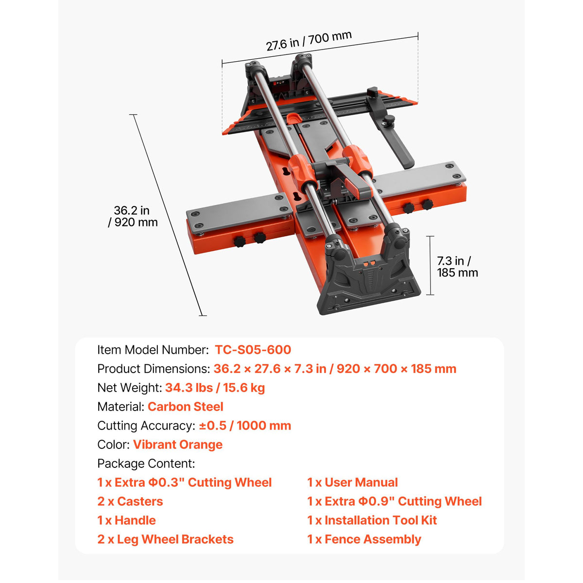 600 mm Manual Tile Cutter, Upgraded Sliding Head Cutting Tool with Spring-Loaded Base, Angle Fence, Tungsten Carbide Cutting Wheel, Alignment Guide, for DIY Pros, Ceramic, Floor & Wall Tiles
