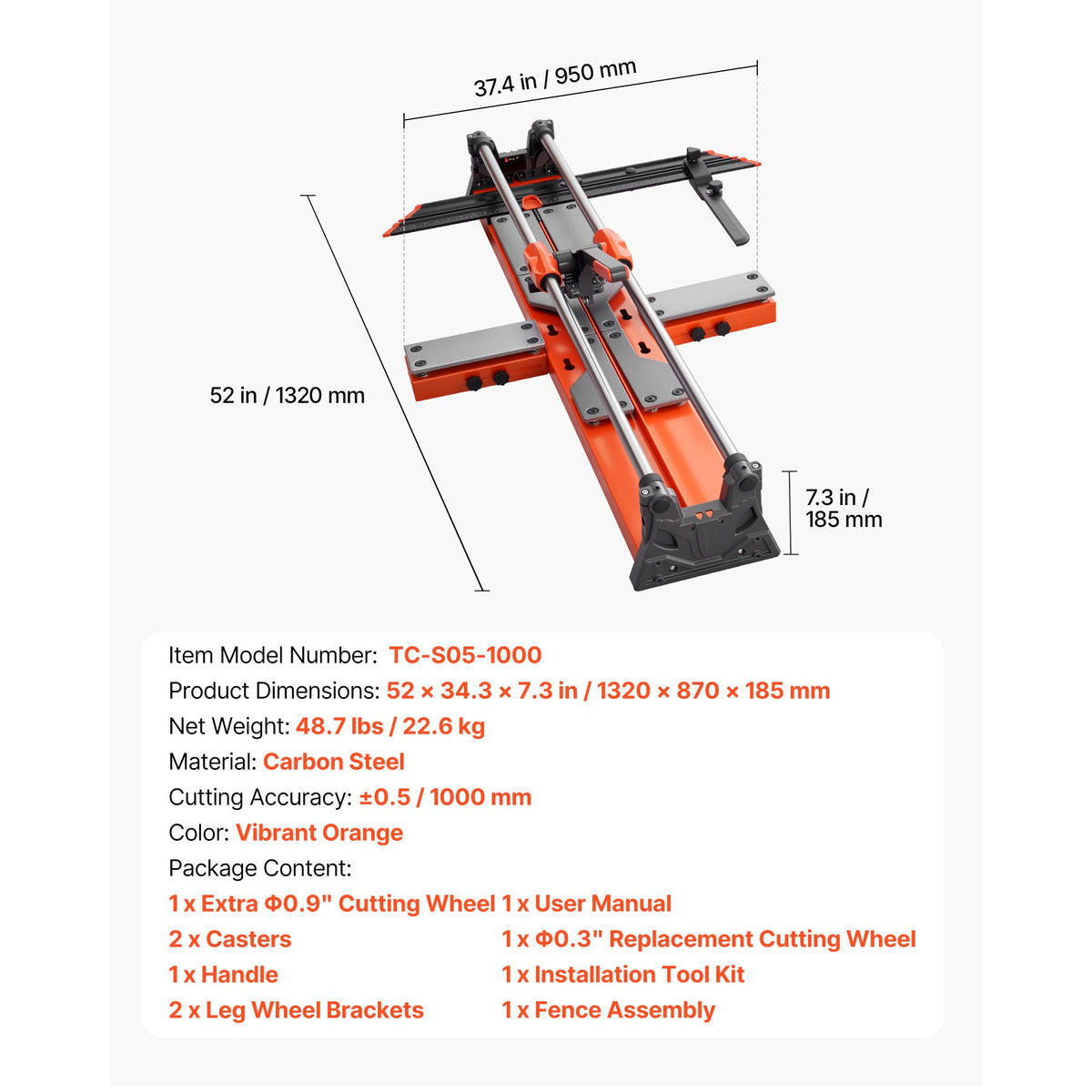 1000 mm Manual Tile Cutter, Upgraded Sliding Head Cutting Tool with Spring-Loaded Base, Angle Fence, Tungsten Carbide Cutting Wheel, Alignment Guide, for DIY Pros, Ceramic, Floor & Wall Tiles