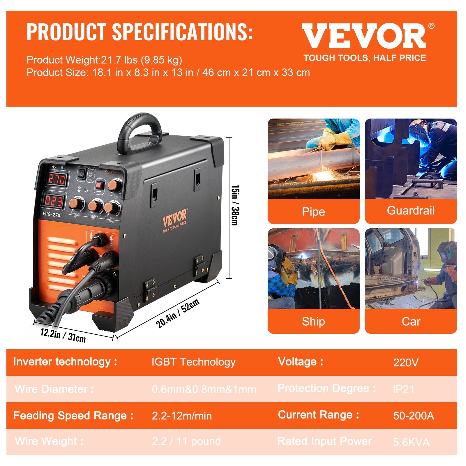 Welding Guns & Plasma Cutters: Vevor Mig Welder Welding Machine MIG-270 MIG MMA TIG IGBT DC Inverter Welder Digital Display