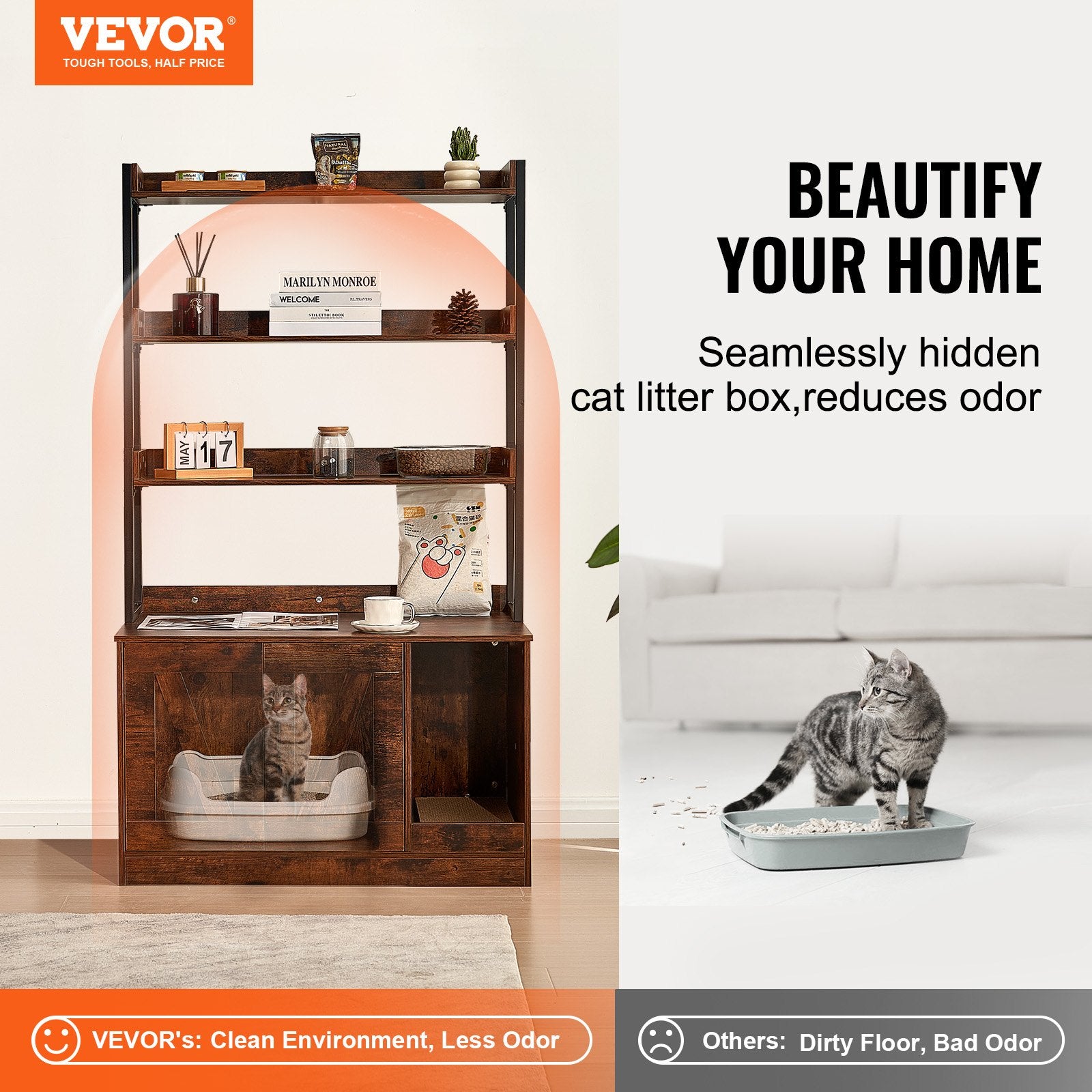 Cat Litter: VEVOR Cat Litter Box Enclosure Wooden Litter Box Furniture Hidden with 3 Shelves