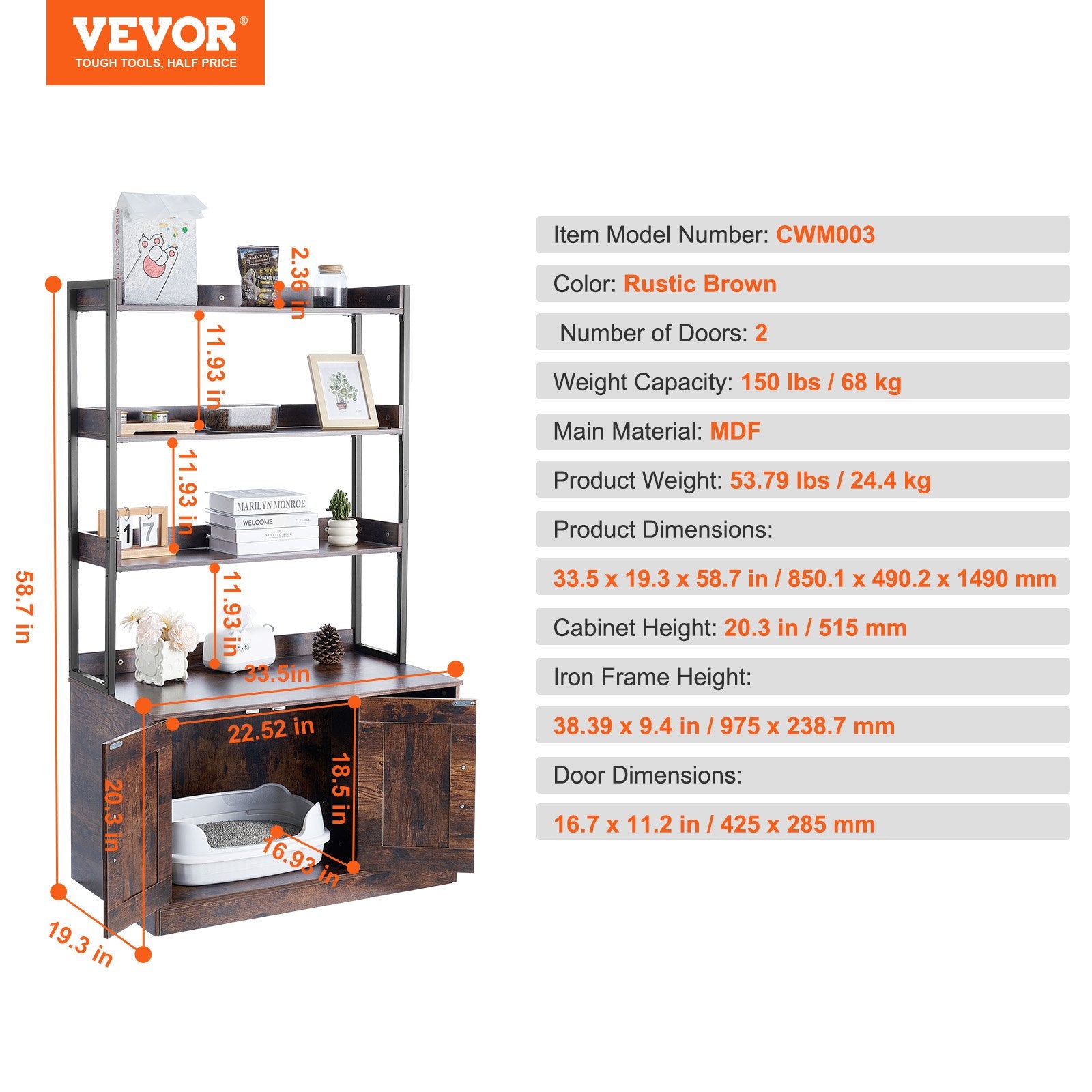 Cat Litter: VEVOR Cat Litter Box Enclosure Wooden Litter Box Furniture Hidden with 3 Shelves