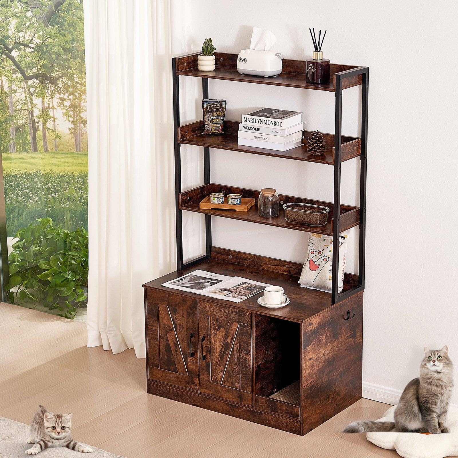 Cat Litter: VEVOR Cat Litter Box Enclosure Wooden Litter Box Furniture Hidden with 3 Shelves
