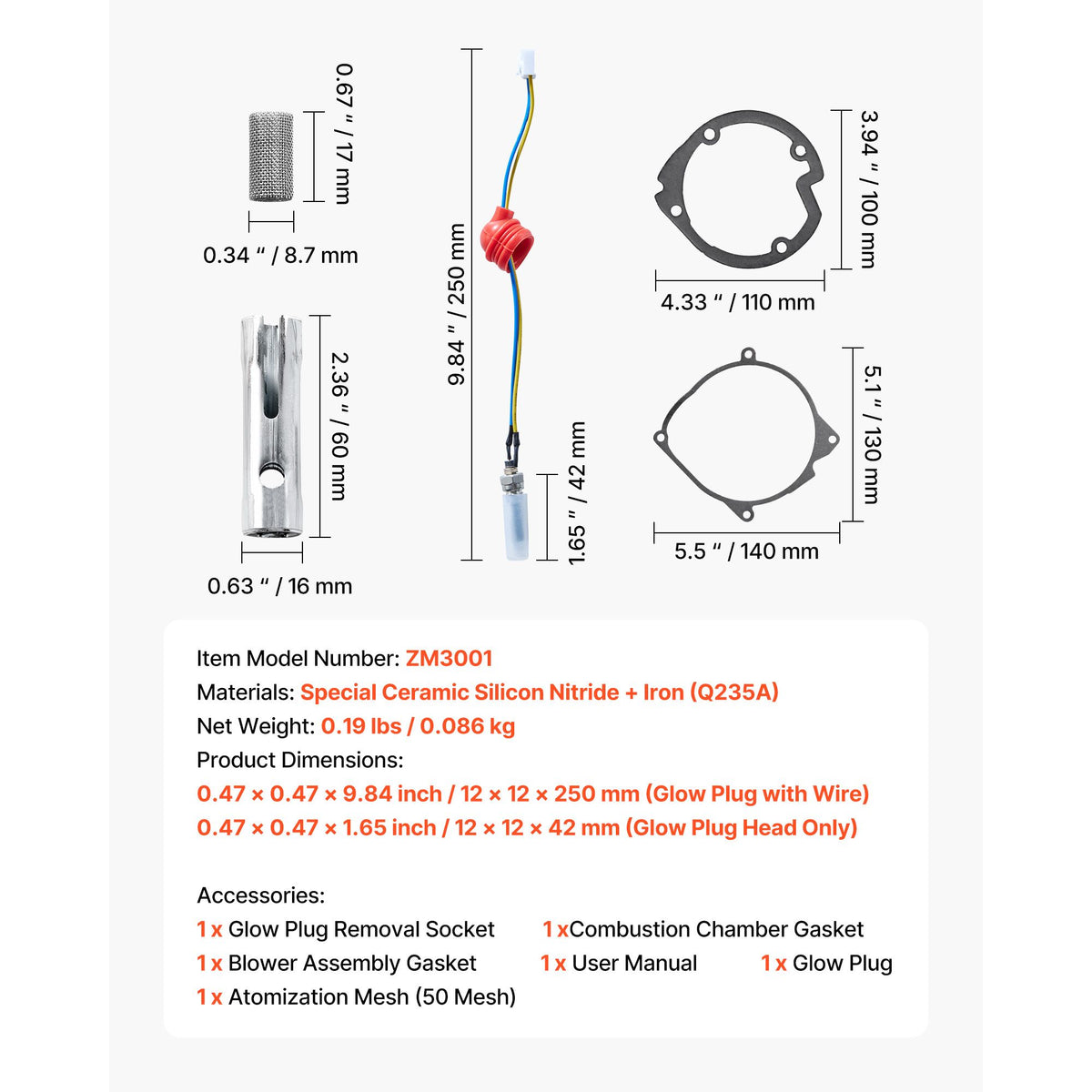 8V Glow Plug Repair Kit, Parking Diesel Heater Glow Ignition Plug Kit with Atomization Mesh, Compatible with 2KW 5KW 8KW Diesel Air Heater Models, Diesels Heaters Accessories for Car Truck Boat