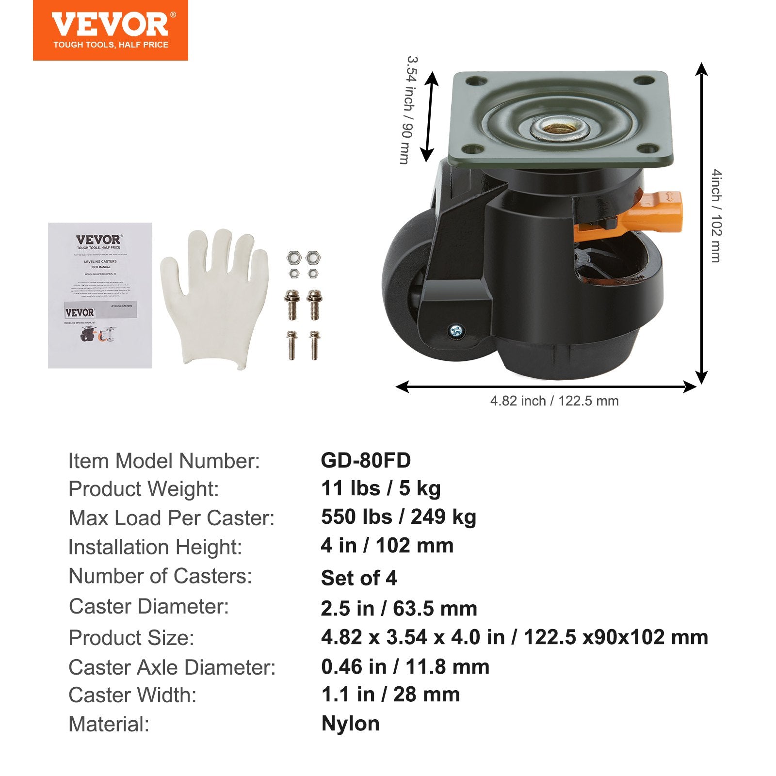 Gardening Tools: VEVOR Leveling Casters, Set of 4, 1000 kg Total Load Capacity, 63.5 mm, Heavy Duty with Upgraded Handle Design, 360 Degree Swivel Caster Wheels, Adjustable Casters with Feet for Workbench, Machine