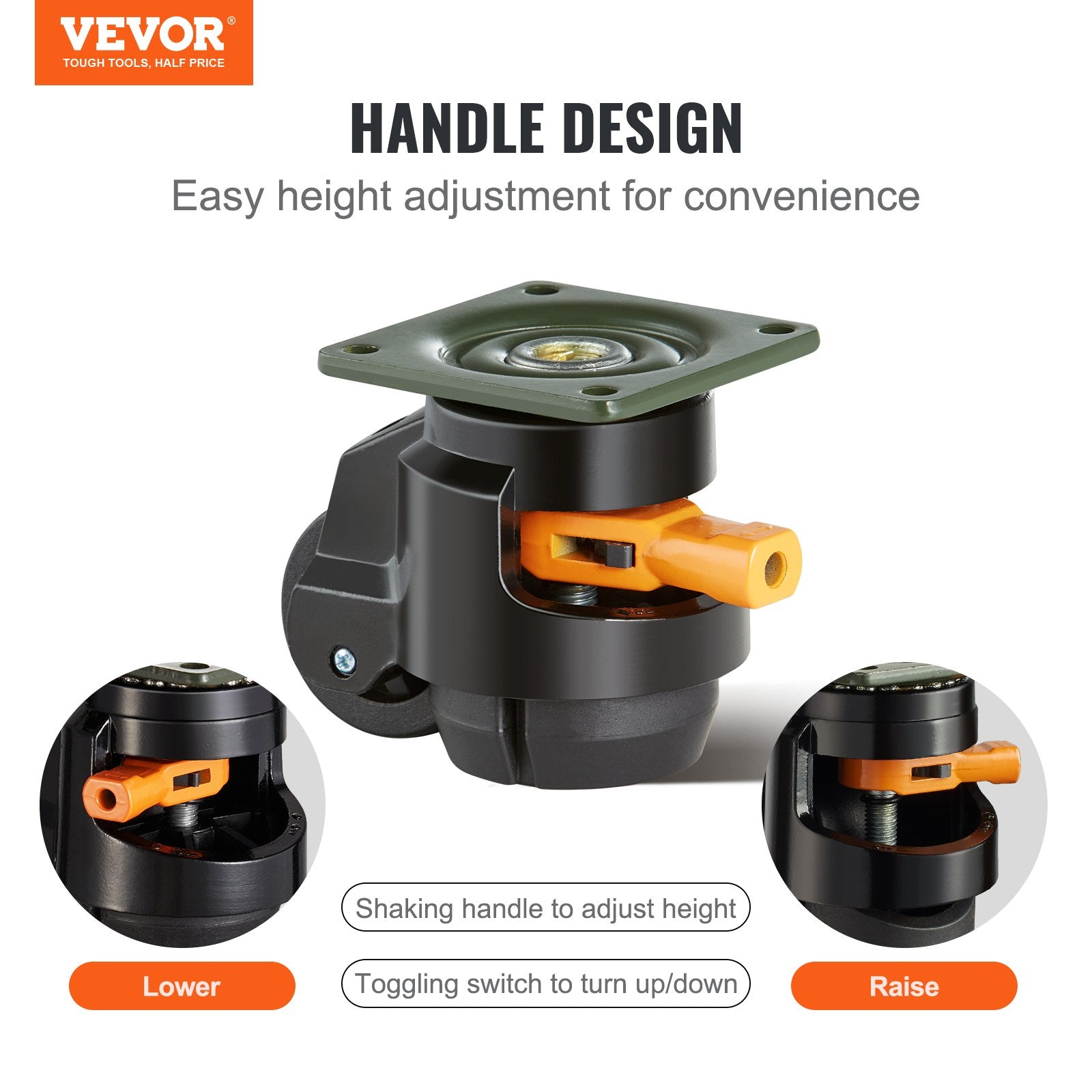 Gardening Tools: VEVOR Leveling Casters, Set of 4, 500 kg Total Load Capacity, 50.8 mm, Heavy Duty with Upgraded Handle Design, 360 Degree Swivel Caster Wheels, Adjustable Casters with Feet for Workbench, Machine