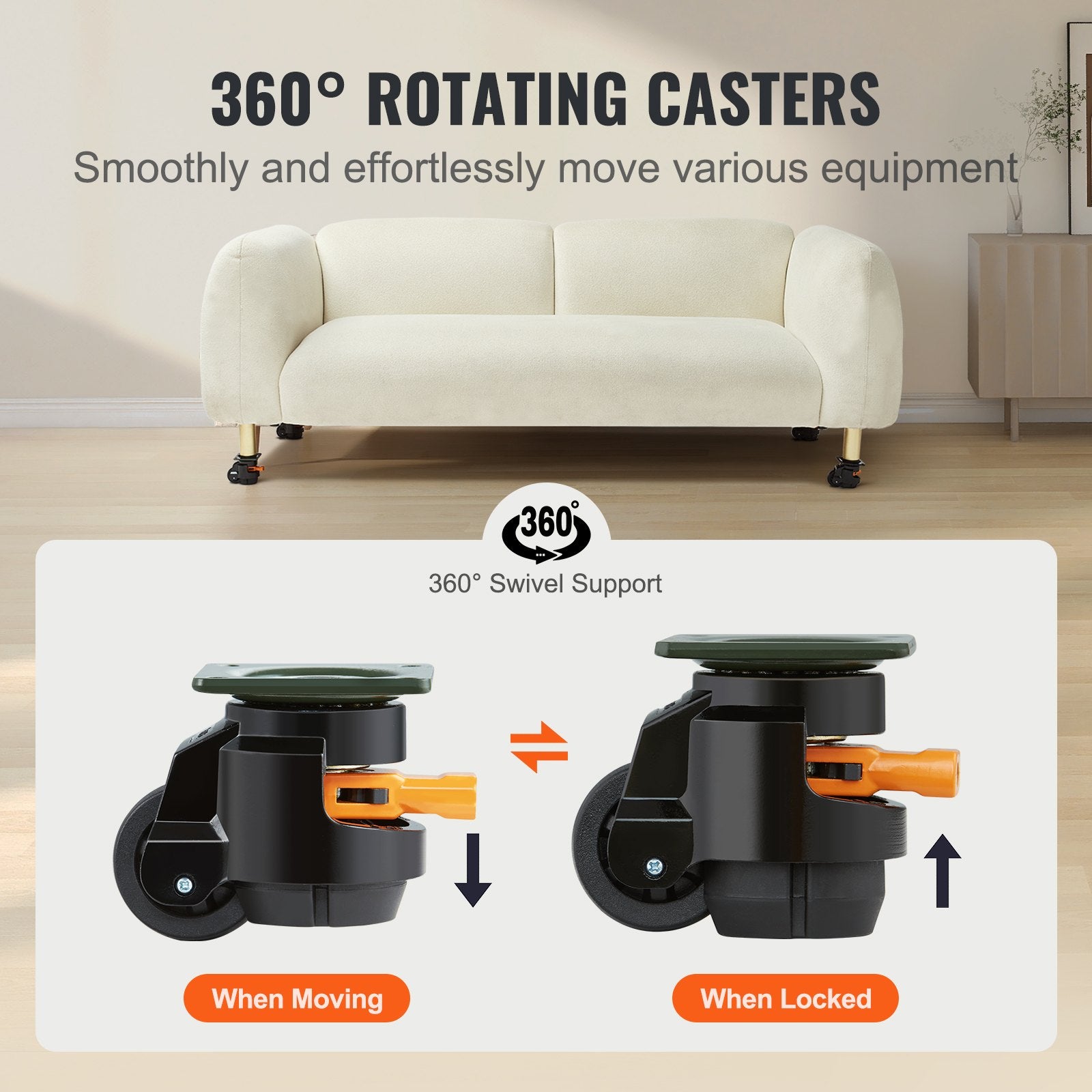 Gardening Tools: VEVOR Leveling Casters, Set of 4, 500 kg Total Load Capacity, 50.8 mm, Heavy Duty with Upgraded Handle Design, 360 Degree Swivel Caster Wheels, Adjustable Casters with Feet for Workbench, Machine