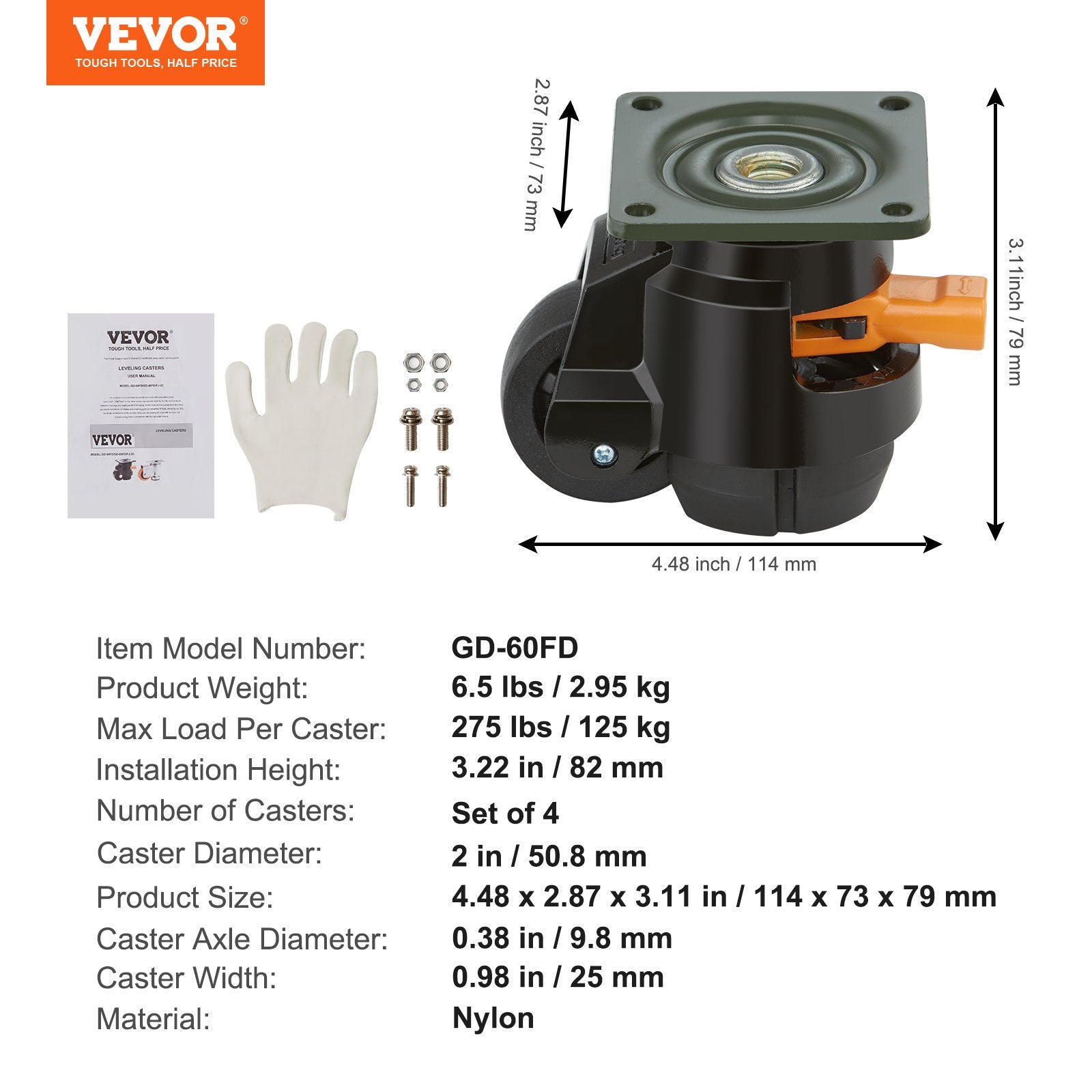 Gardening Tools: VEVOR Leveling Casters, Set of 4, 500 kg Total Load Capacity, 50.8 mm, Heavy Duty with Upgraded Handle Design, 360 Degree Swivel Caster Wheels, Adjustable Casters with Feet for Workbench, Machine