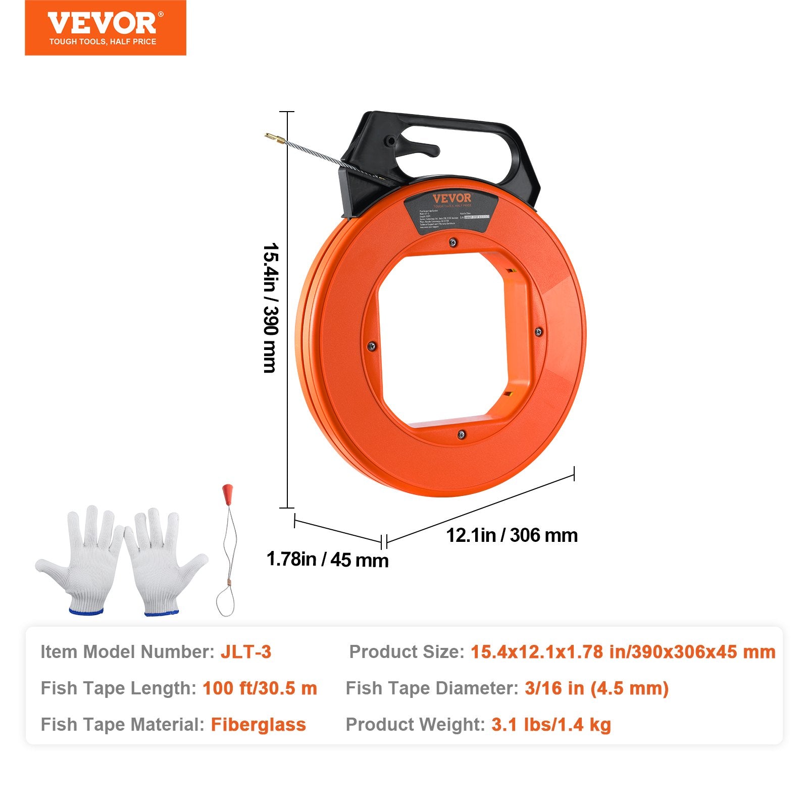 Power & Electrical Supplies: VEVOR Fish Tape, 100 ft, 3/16-inch, Fiberglass Wire Puller with Optimized Housing and Handle, Easy-to-Use Cable Puller Tool, Flexible Wire Fishing Tools for Wall and Electrical Conduit, Non-Conductive